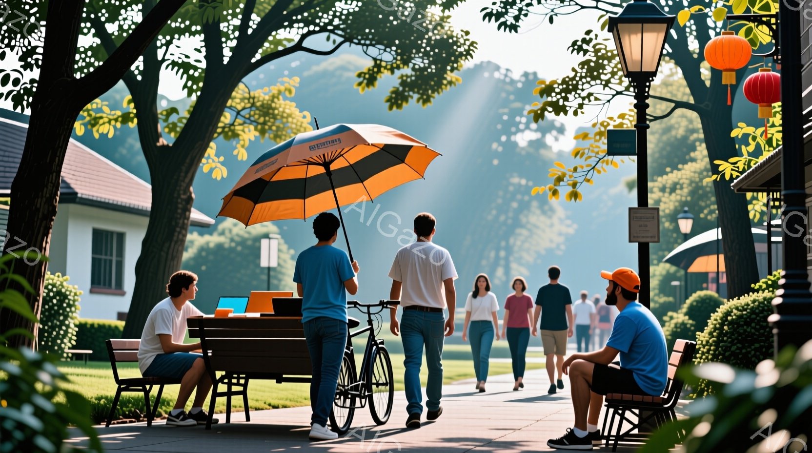 晴れた日のキャンパス内を人々が歩いている様子が描かれている。手前のベンチには、ノートパソコンを開いて作業している学生と、別の学生が座っており、奥ではオレンジ色の傘を差した男性が自転車と共に歩いている。 - AI生成フリー素材