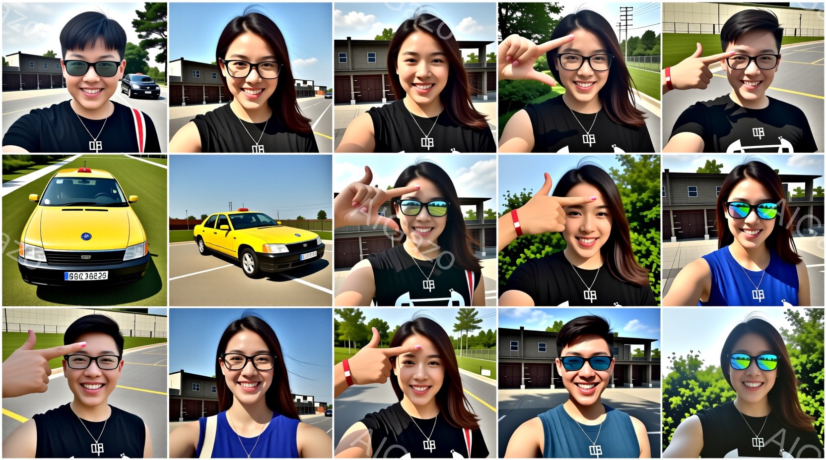 様々なポーズをとる女性が写った一連のセルフィー写真です。女性は黒または青のタンクトップを着ており、髪は後ろで結んでいます。背景にはレンガ造りの建物、緑の芝生、そして晴れた空が見え、全体的に明るくカジュ - AI生成フリー素材