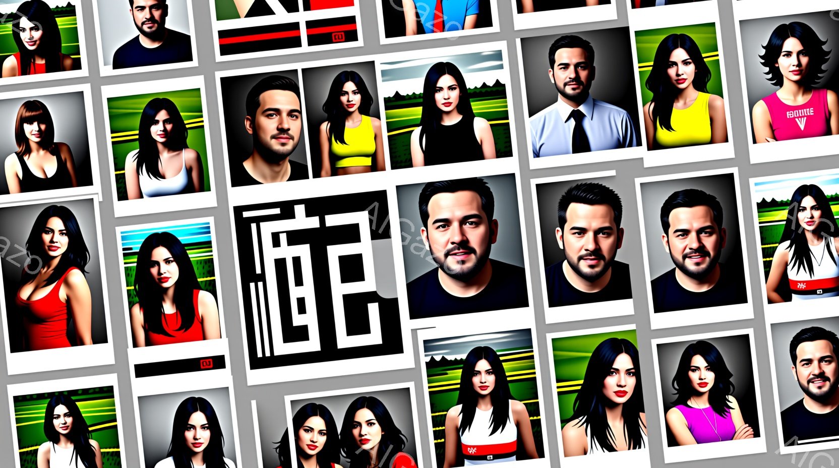 様々な人物のポートレートがタイル状に並べられたコラージュです。女性は明るい色のタンクトップやキャミソールを着ており、男性はTシャツやシャツを着ています。背景には、緑の風景やシンプルな色のブロックがあり - AI生成フリー素材