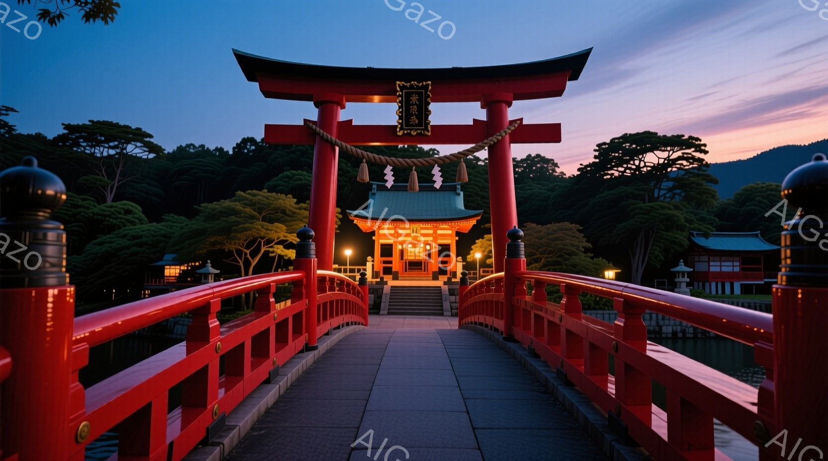 朱色の橋が、水面に映る美しい神社へと続いている風景です。橋の先に続く階段と神社の建物がライトアップされ、周囲の緑豊かな木々と空のグラデーションが、静かで神聖な雰囲気を醸し出しています。夕暮れ時の空とラ - AI生成フリー素材