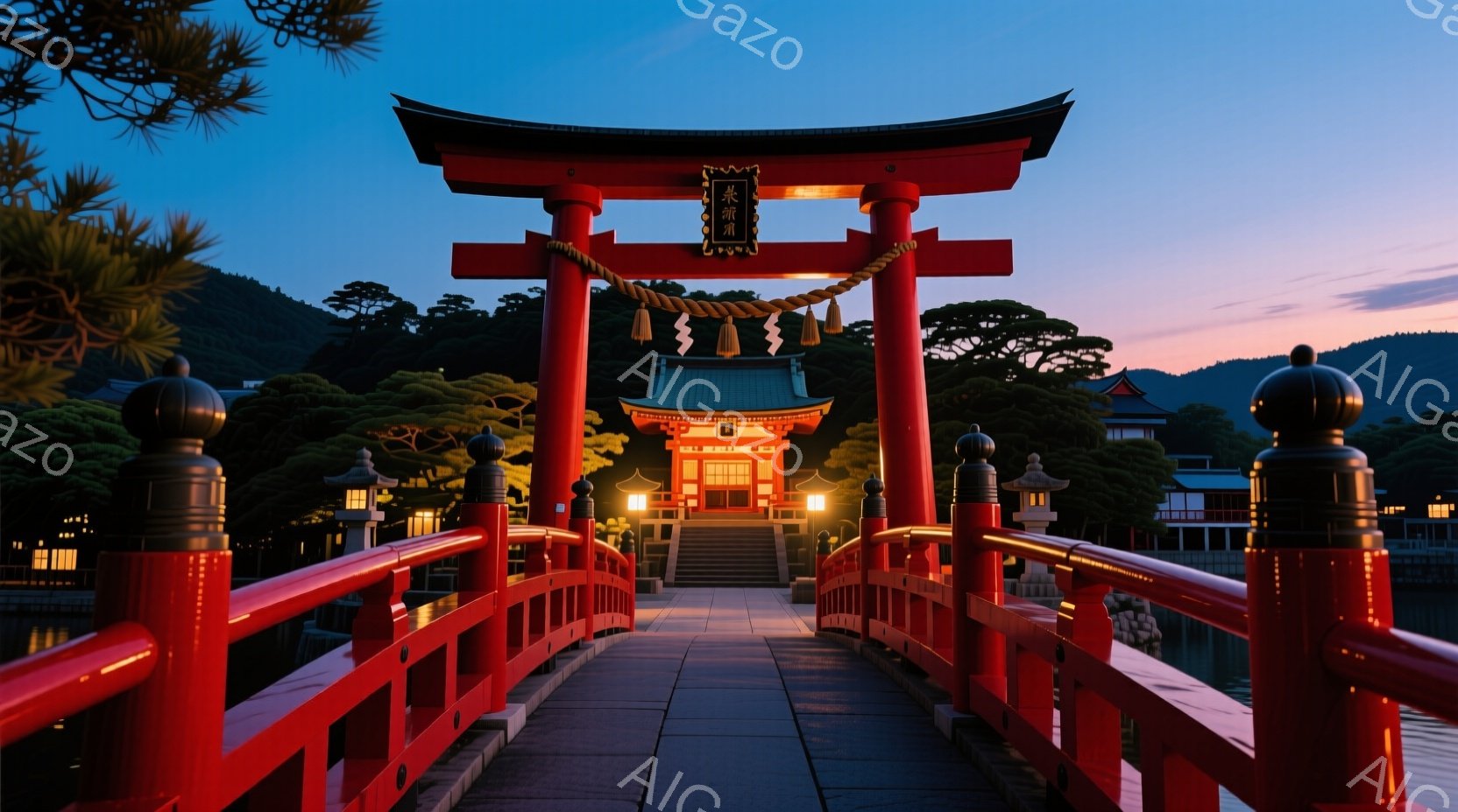 朱色の橋が湖の上をまっすぐに伸び、その先には鮮やかな朱色の鳥居と、それを取り囲む緑豊かな木々が見える。夕暮れ時の空はグラデーション状で、鳥居と湖面に美しい光を反射しており、神聖で静寂な雰囲気を醸し出し - AI生成フリー素材