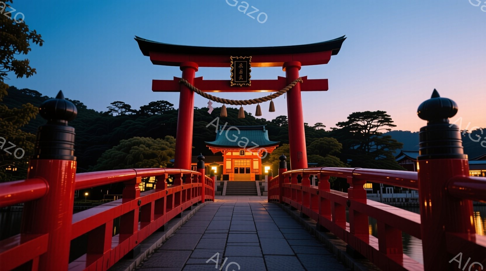 朱色の鳥居と橋が印象的な写真です。夕暮れ時の空を背景に、朱色の建造物がライトアップされ、神聖な雰囲気を醸し出しています。橋の先には、伝統的な建築様式の建物が見え、周囲は緑豊かな木々に囲まれており、静か - AI生成フリー素材