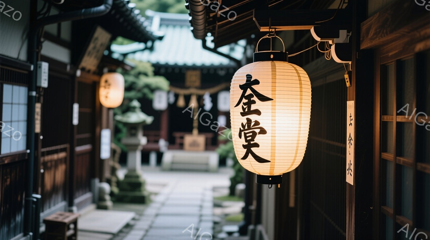 古い街並みが続く石畳の道に、提灯が吊り下げられている様子が写っている。提灯には「壽」という漢字が書かれており、伝統的な日本家屋が背景に見える。木々の緑と石畳のコントラストが落ち着いた雰囲気を醸し出している。