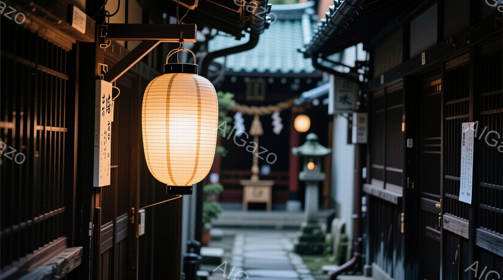 古都の路地が写っており、提灯が路地の入り口に吊るされている。両脇には木製の格子戸が並び、奥には伝統的な様式の建物が見え、石畳の道が続いている。全体的に落ち着いた雰囲気で、歴史的な街並みが感じられる。 - AI生成フリー素材