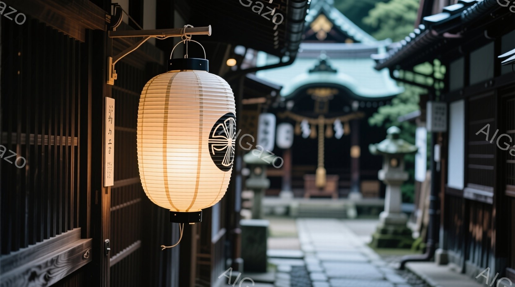 提灯が木造の建物に寄り添うように吊るされており、その奥には石畳の道と寺院の建物が見える。石畳は雨で濡れており、苔むした石灯籠や木々の緑が寺院の荘厳な雰囲気を引き立てている。全体的に落ち着いた静寂が感じ - AI生成フリー素材