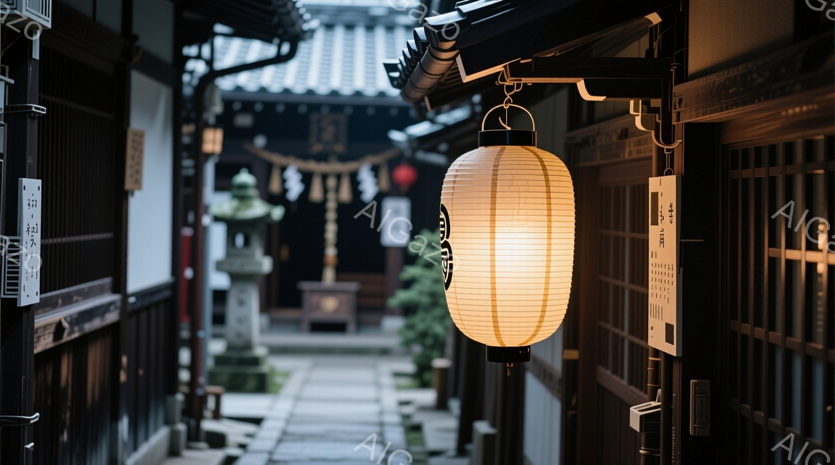 狭い石畳の路地が続き、古い木造建築が両側に立ち並んでいる。提灯が路地を照らし、その奥には石灯籠や植栽が見え、静かで趣のある雰囲気を醸し出している。雨上がりのような濡れた石畳と、建物の影が、日本の伝統的 - AI生成フリー素材