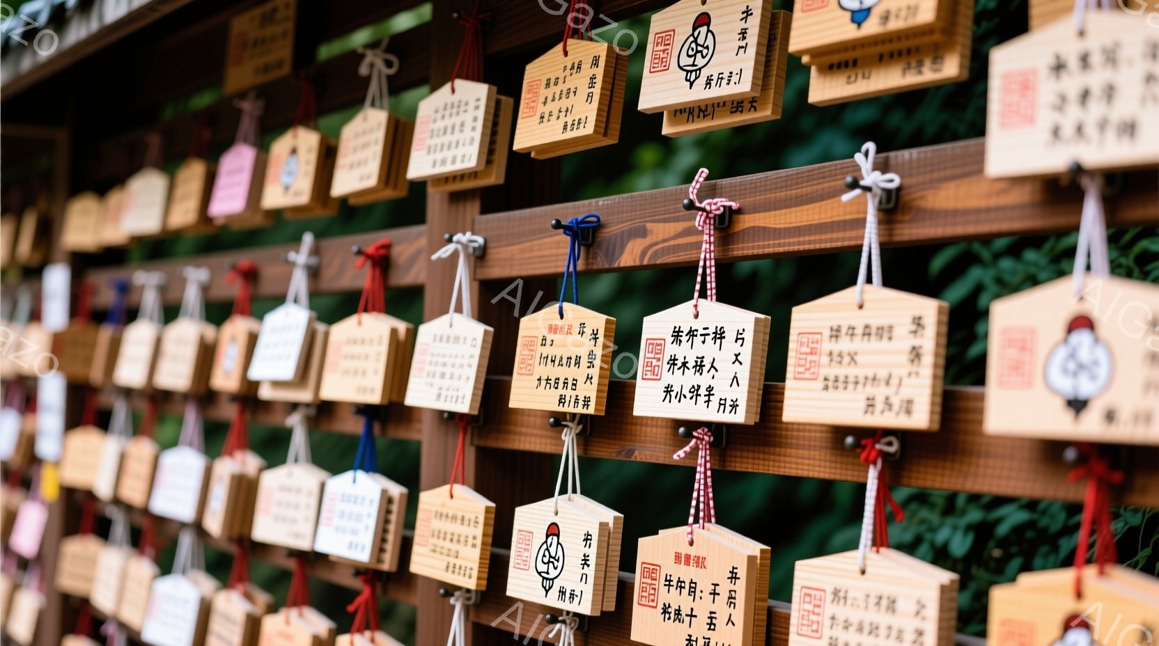 神社の絵馬が密集して並べられています。木製の絵馬には、様々な祈願や願い事が書かれており、赤い印や紐がついています。背景はぼやけていますが、自然の緑が見え、静かで神聖な雰囲気が漂っています。