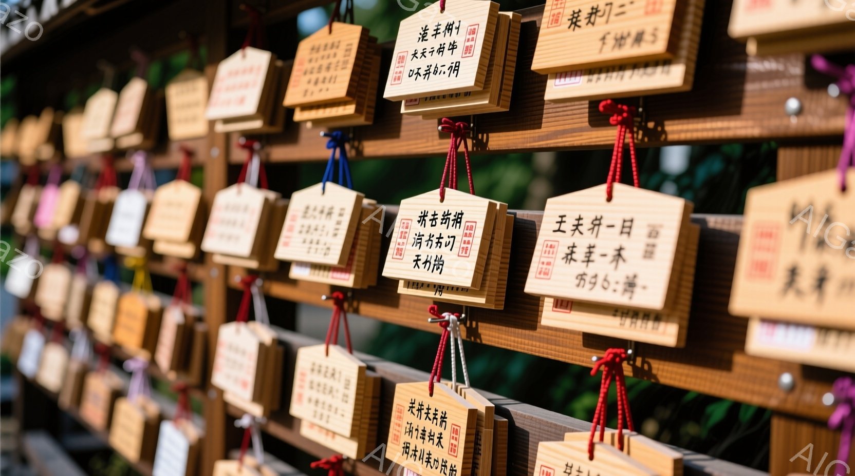 多数の絵馬が密集して並んでいる様子を捉えています。木製の絵馬には、黒色の文字で願い事が書かれており、赤い印が押されているものもあります。背景には緑豊かな木々が見え、神社や寺院の境内のような、静かで神聖な雰囲気が漂っています。