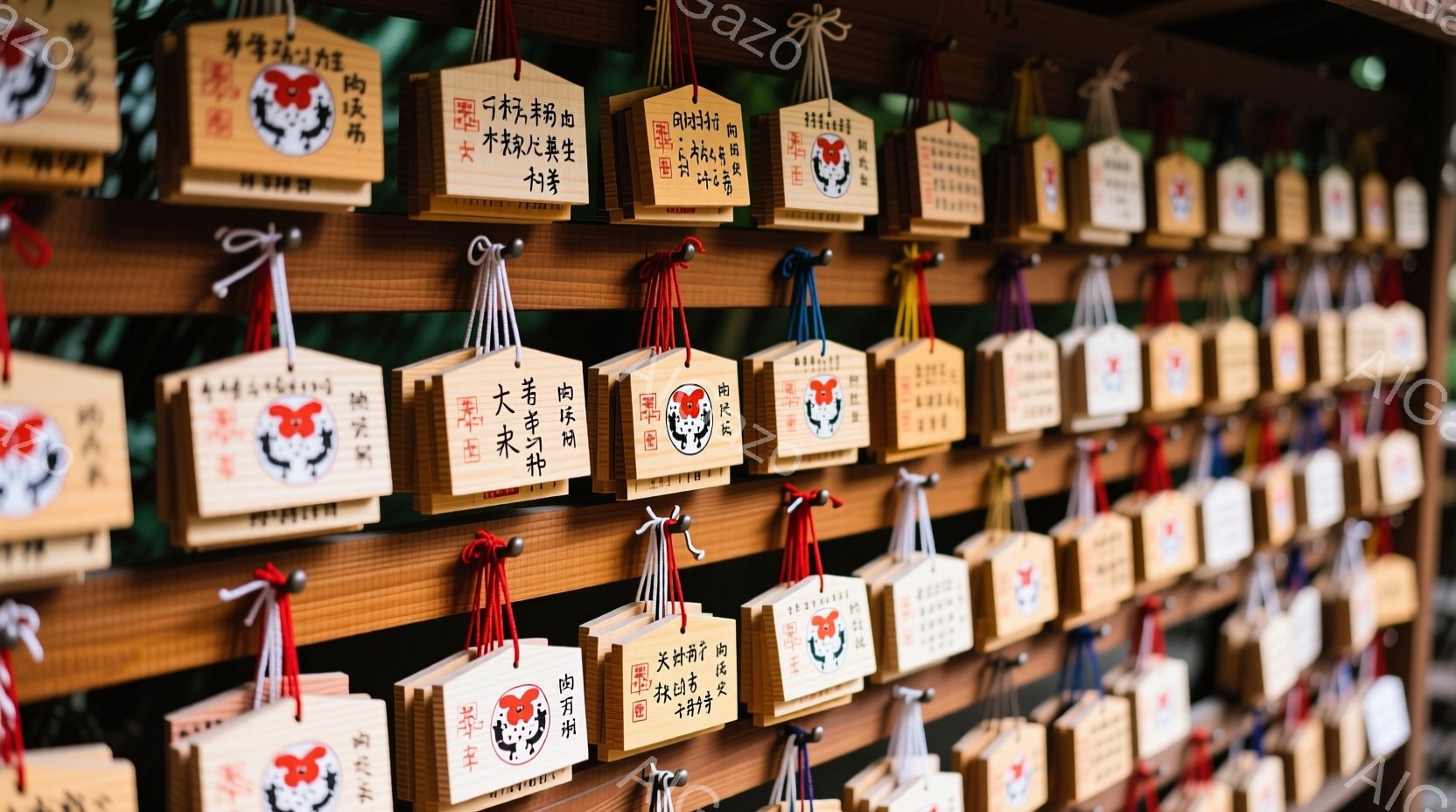 多くの絵馬が壁に密集して飾られています。各絵馬は木製で、赤色の装飾が施され、黒色の文字で願い事が書かれています。背景はぼやけていますが、寺院や神社の境内であると考えられ、静かで厳かな雰囲気が漂っています。