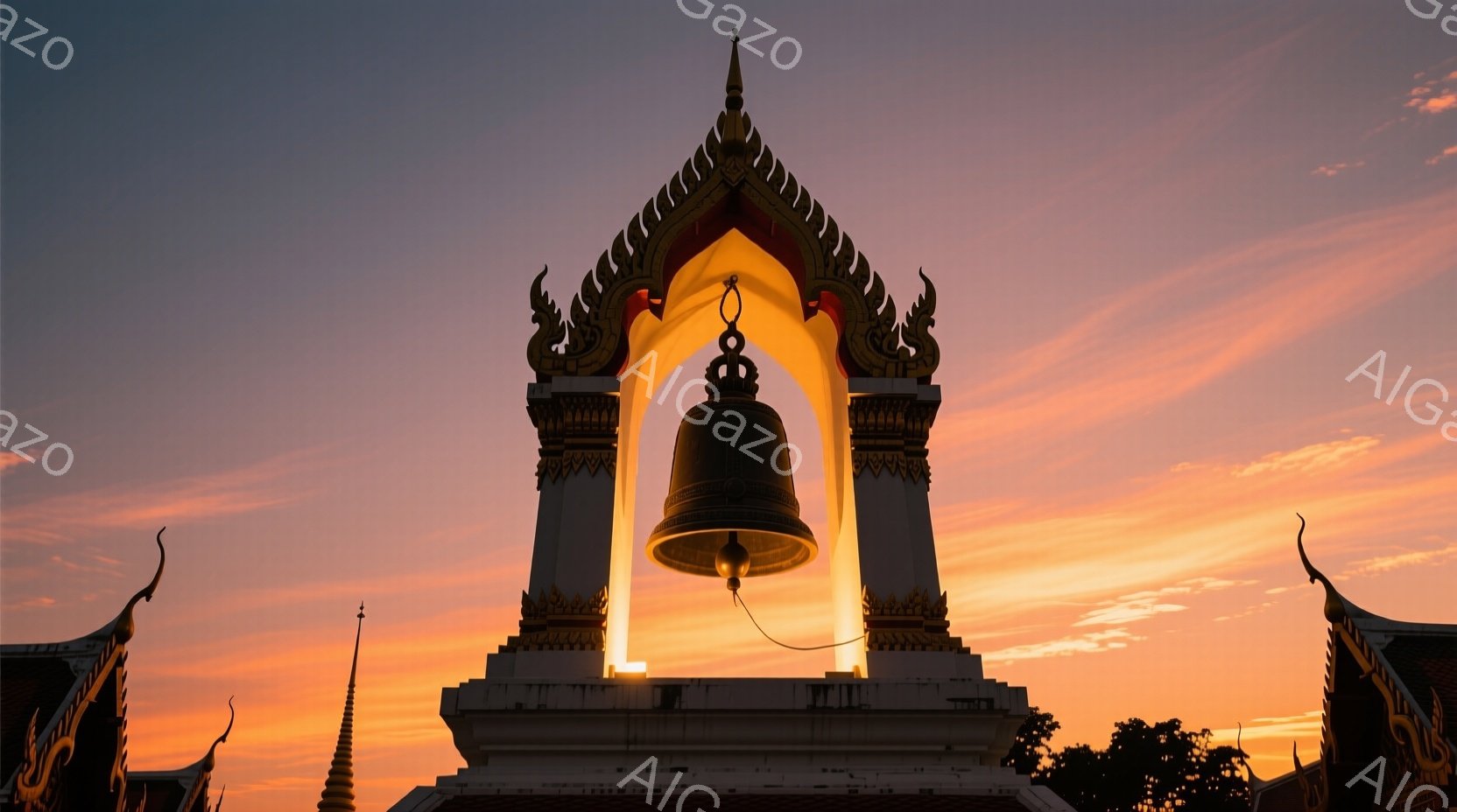 逆向きの写真で、プランジャーが見えないことを知らせる。午後の日没の時間帯、アンカン・ウィサット寺院にある金色のスマックの中心に位置する大きなスミックが驚くような表情をしています。 緻密な石材の設計と美しい彩色が寺院の建物を装飾し、柔らかい黄昏の空に立ち上る。