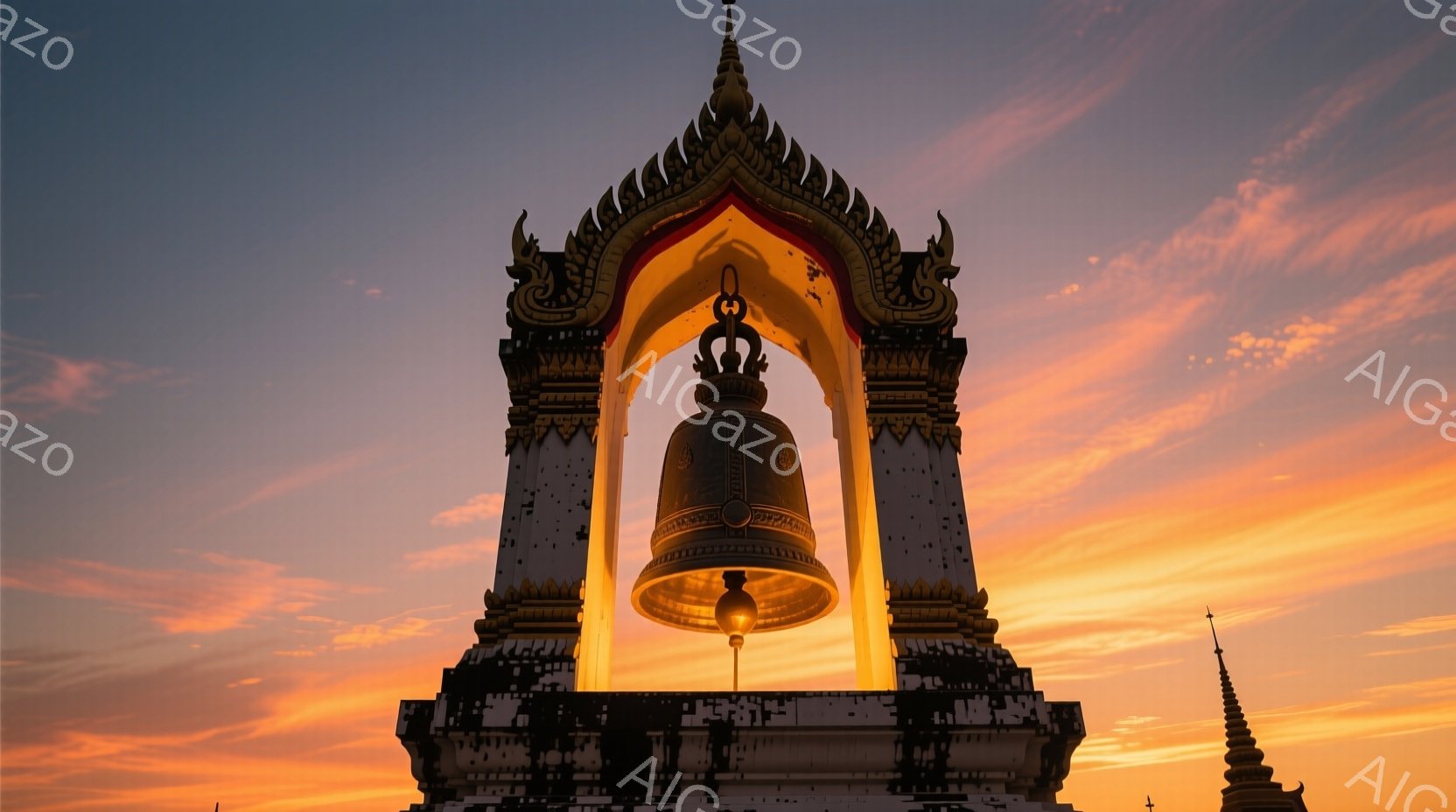 巨大な青銅の鐘が、精巧な装飾が施された白い石造りの塔の中に吊り下げられています。背景には、燃えるようなオレンジとピンクの色合いが広がる夕焼け空が広がり、荘厳な雰囲気を醸し出しています。塔は複雑な彫刻と装飾で覆われており、タイ様式の建築様式が強く印象づけられます。