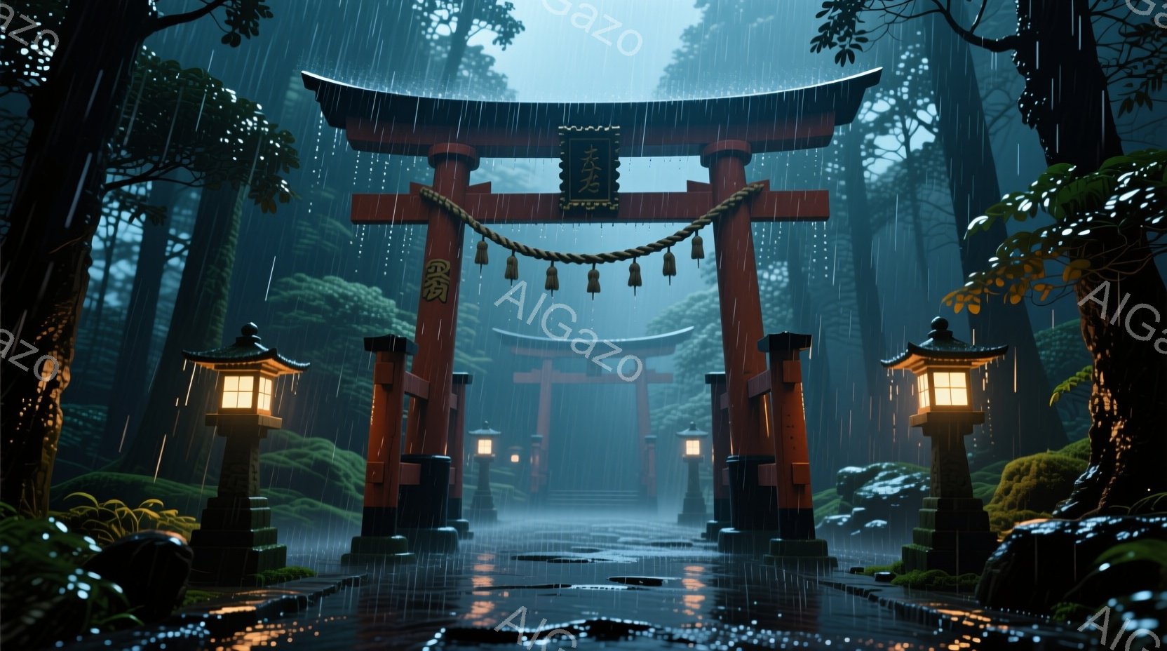 鮮やかな朱色の鳥居が、苔むした石畳の道を挟んでそびえ立っている。雨が降りしきる中、周囲は鬱蒼とした森に囲まれ、暗く湿った雰囲気が漂っている。鳥居の周りには灯籠が設置され、薄暗い光を放ち、雨に濡れた石段 - AI生成フリー素材