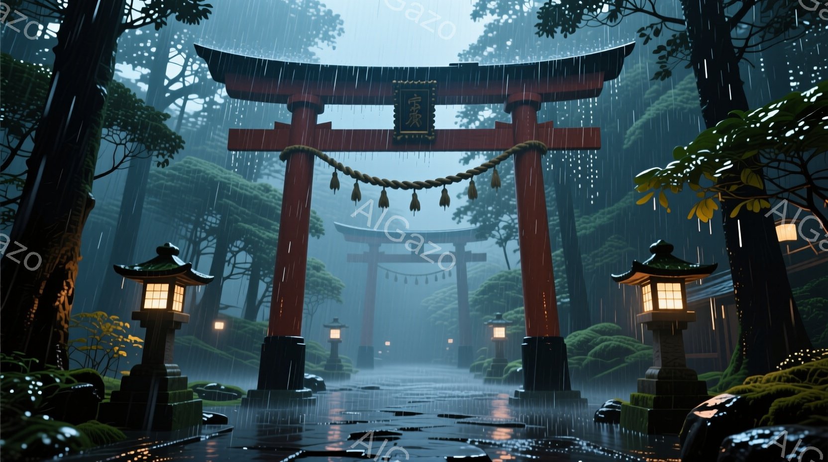 鮮やかな朱色の鳥居が霧深い森林の中にそびえ立ち、雨が降りしきっています。両脇には提灯が灯り、石畳の道は雨で濡れて光を反射し、神秘的な雰囲気を醸し出しています。背景には鬱蒼とした木々が立ち並び、雨と霧が深い奥行きを作り出し、静寂と幻想が漂う風景です。