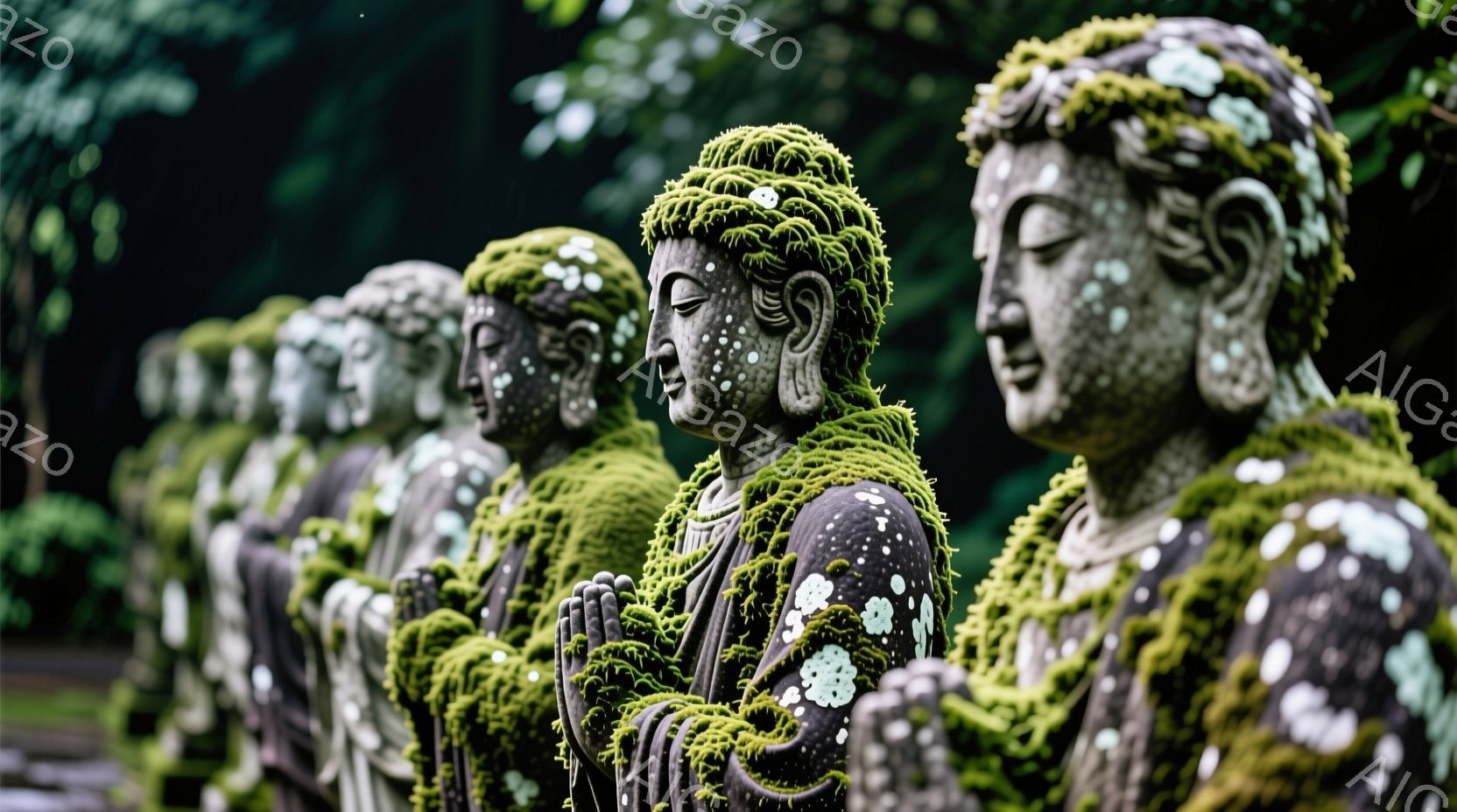 古い石造の仏像が並んでおり、緑色の苔が全身を覆っています。仏像は穏やかな微笑みを浮かべ、手を合わせて祈る姿は静寂と平和を感じさせます。背景には深い緑の木々が見え、湿った空気と柔らかな光が幻想的な雰囲気を醸し出しています。