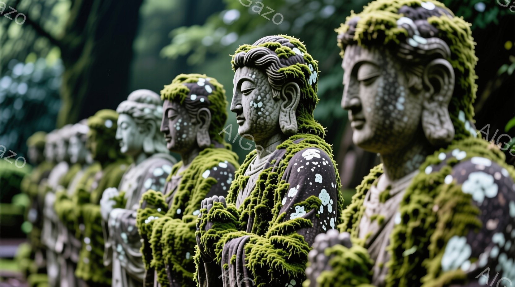 苔むした石像が連なって描かれています。各石像は、日本の仏教寺院で見られる笠を着け、手を合わせて祈る姿をしており、穏やかで静謐な表情をしています。背景は緑豊かな自然で、石像全体に神秘的で古風な雰囲気が漂っています。