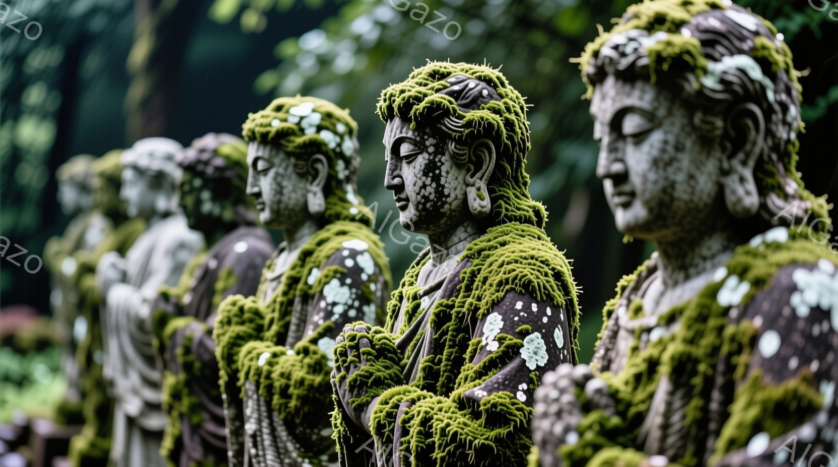 古びた石仏が並び、緑色の苔が全身を覆っている。仏像は穏やかな表情で手を合わせており、静寂と瞑想の雰囲気を醸し出している。背景には緑豊かな自然が広がり、雨上がりの湿った空気を感じさせる。 - AI生成フリー素材