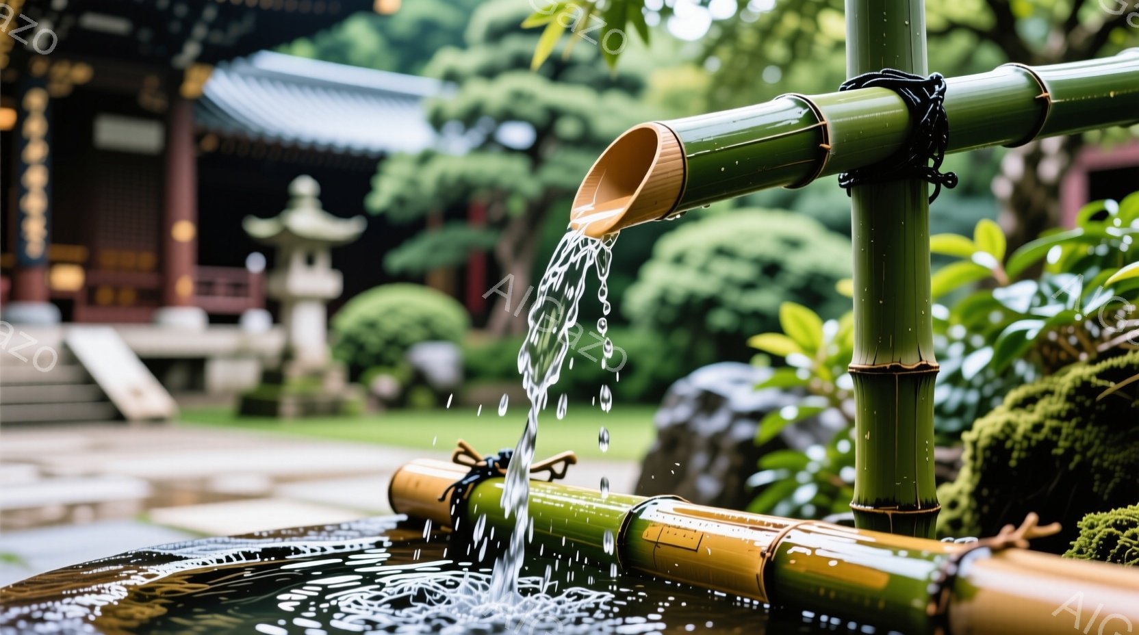 緑豊かな竹の樋から清水が流れ落ち、水面に小さな波紋が広がっている。背景には、苔むした石や剪定された木々、そして伝統的な様式の建物が見え、静寂で落ち着いた雰囲気が漂っている。全体的に、自然と建築が調和した、日本の庭園の美しさを捉えた一枚である。