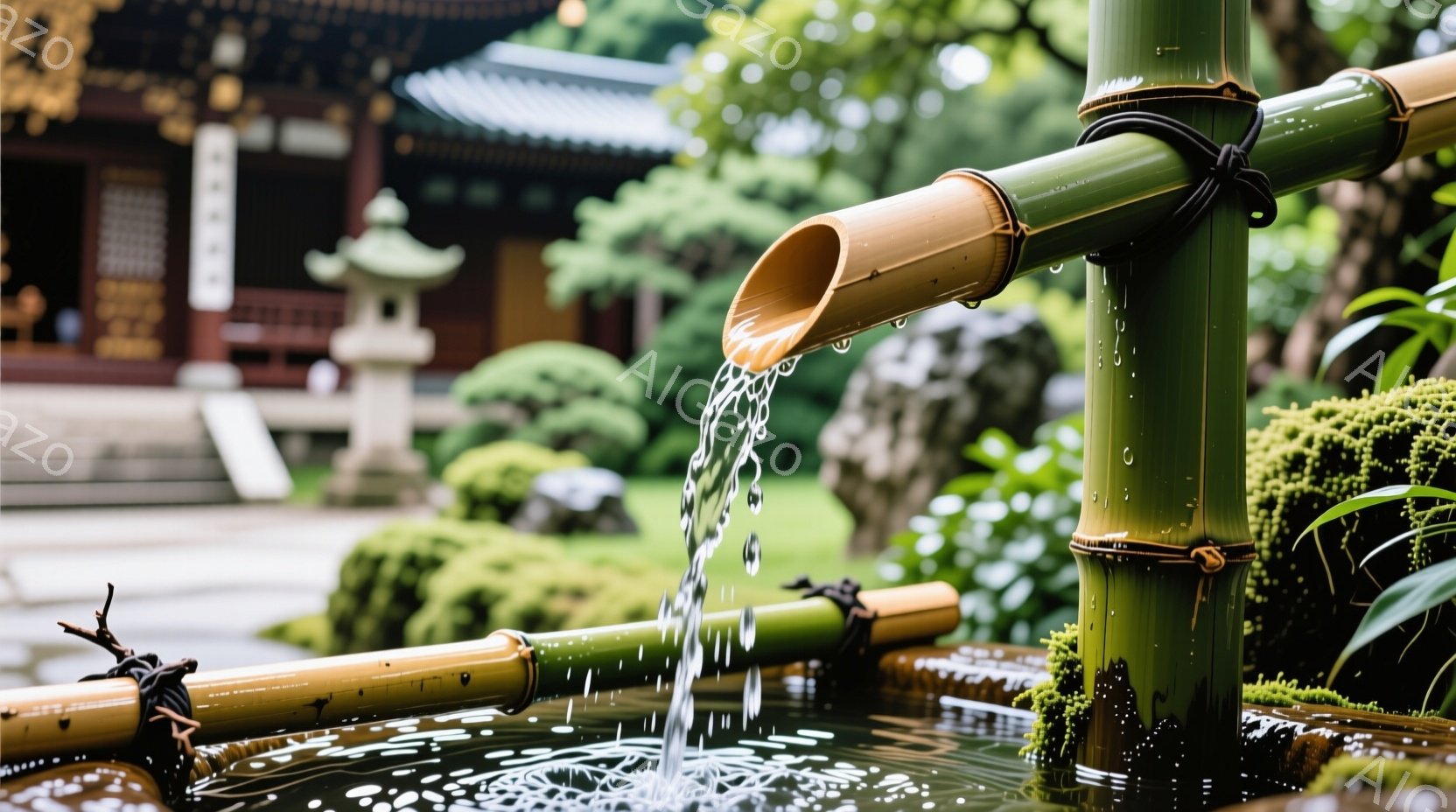 庭園の竹製の水路から水が流れ落ち、水面には小さな水滴が飛び散っている様子が捉えられている。背景には、緑豊かな庭園と、伝統的な様式の建物が見え、苔むした竹柱がその雰囲気をさらに高めている。全体的に、静か - AI生成フリー素材