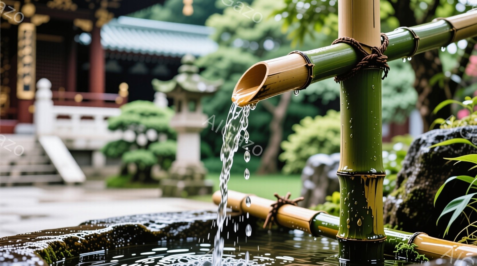 寺院の庭に竹製の水鉢が設置されており、清らかな水が流れ落ちている様子が捉えられています。苔むした石と水面には水滴が光り、背景には朱色の建物が見え、緑豊かな自然が広がっています。静寂と清涼感が漂い、穏やかな雰囲気が感じられます。