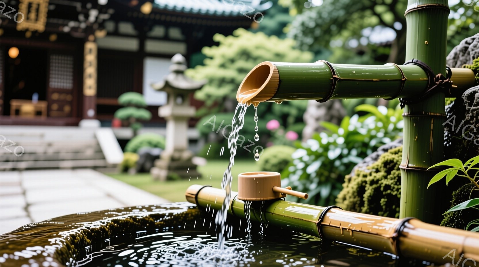 苔むした石造りの水鉢に、竹の樋から水が清らかに注ぎ込まれている様子が捉えられている。背景には、緑豊かな木々と伝統的な様式の建物が見え、穏やかで静謐な雰囲気を醸し出している。水面には小さな水滴が輝き、自然の美しさと日本の伝統が調和した情景である。