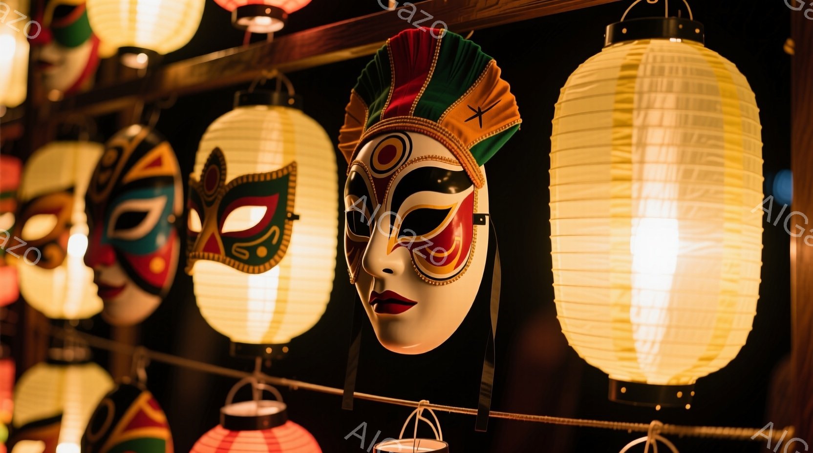 伝統的な色鮮やかな仮面が、提灯の灯りに照らされて並んでいる。白を基調とした仮面は、鮮やかな赤、緑、金色の模様が施され、まるで能や歌舞伎の舞台に登場する人物のようである。提灯の柔らかな光が仮面を照らし出し、幻想的で神秘的な雰囲気を醸し出している。