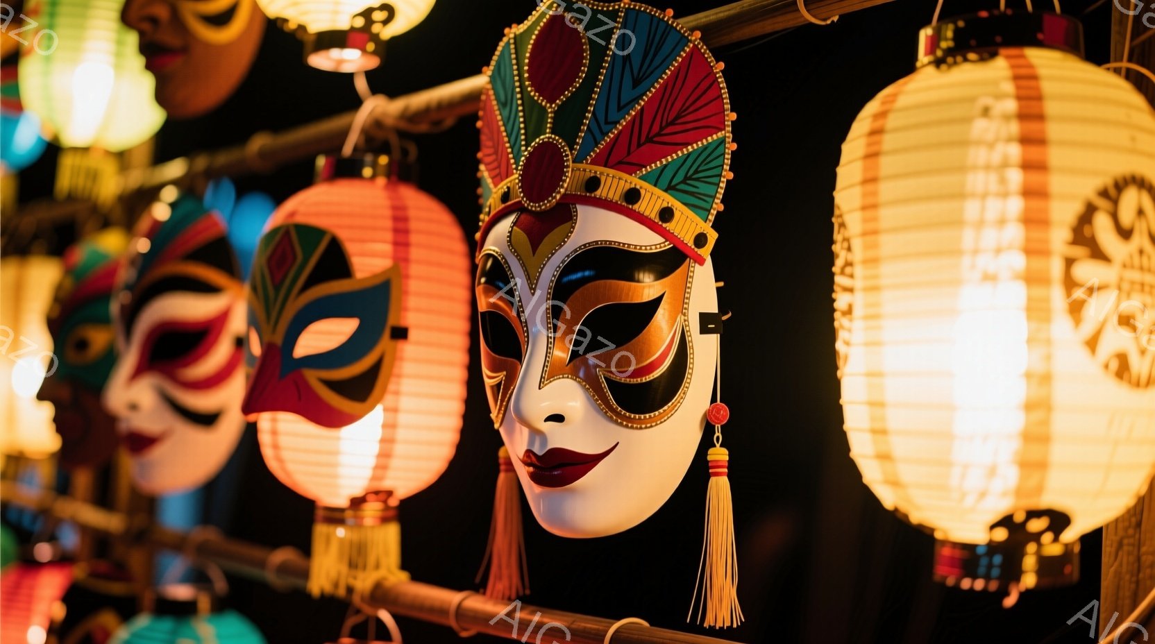 鮮やかな色とりどりの仮面が、温かい光を放つ提灯に囲まれて吊り下げられています。仮面はそれぞれ異なるデザインを持ち、伝統的な演劇で使用されるものと思われます。背景は暗く、提灯の光が仮面を照らし出し、幻想 - AI生成フリー素材