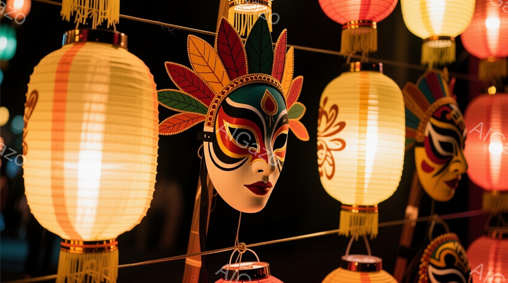 夜景を表すように、中心に美しい日本の和紙魚の串灯が集まっている。その中央には伝統的な日本の舞台の上で舞踊をする人物が描かれています。人物は花のような麗しい髪装飾を身につけ、顔に豊かな色彩のため注目される伝統的な日本の舞台姿勢をとっています。その表情は微笑んでおり、整体的に楽しく、和やかな雰囲気が感じられます。背景は夜空に星があるように暗い中心に人物を置き、周りは照明の明るさで織り成すと考えられます。