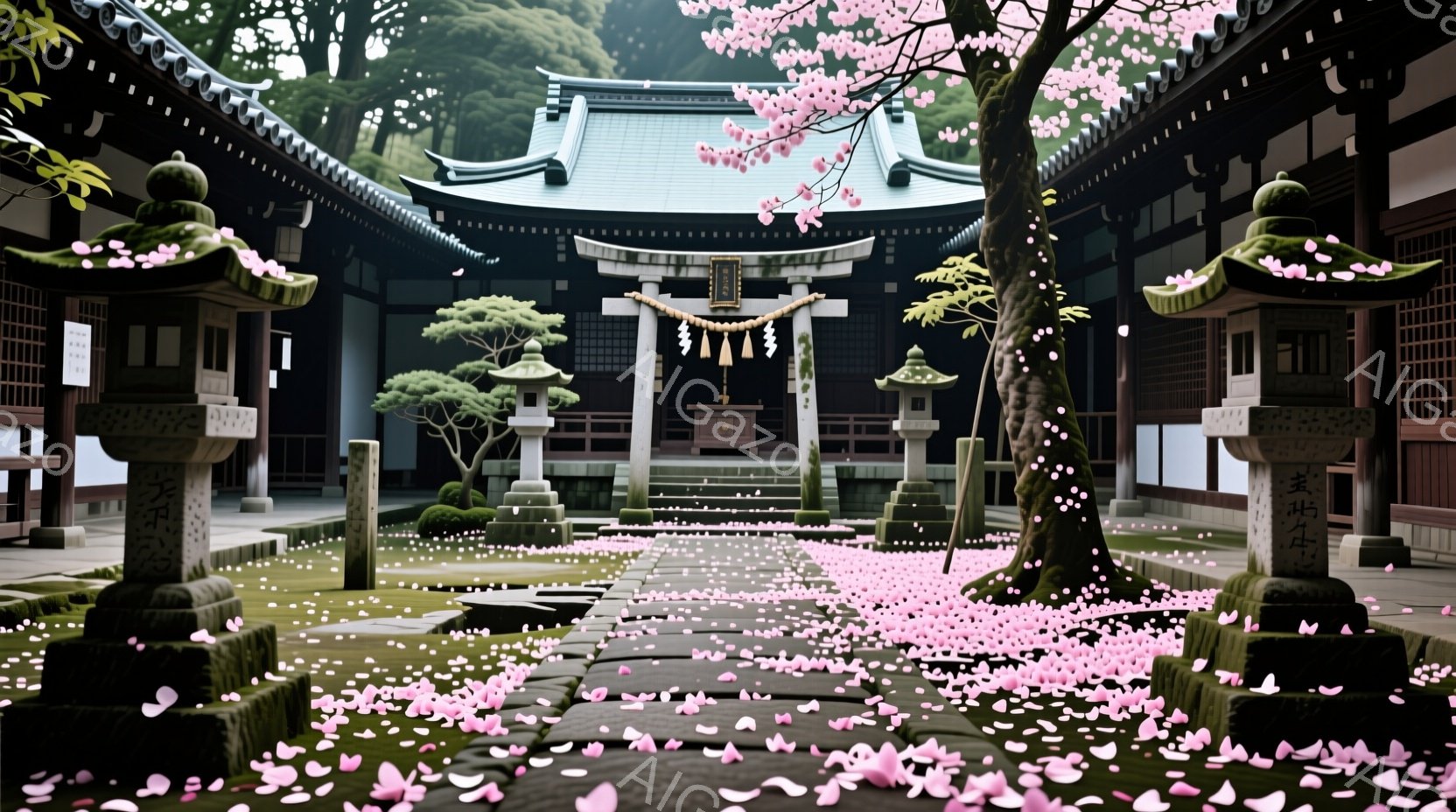 桜の花びらが舞い散る、古都の寺院へと続く石畳の道が描かれている。朱色の社殿と緑豊かな木々、石灯籠が配置され、穏やかで神秘的な雰囲気を醸し出している。春の柔らかな光が差し込み、静寂の中に生命の息吹を感じ - AI生成フリー素材