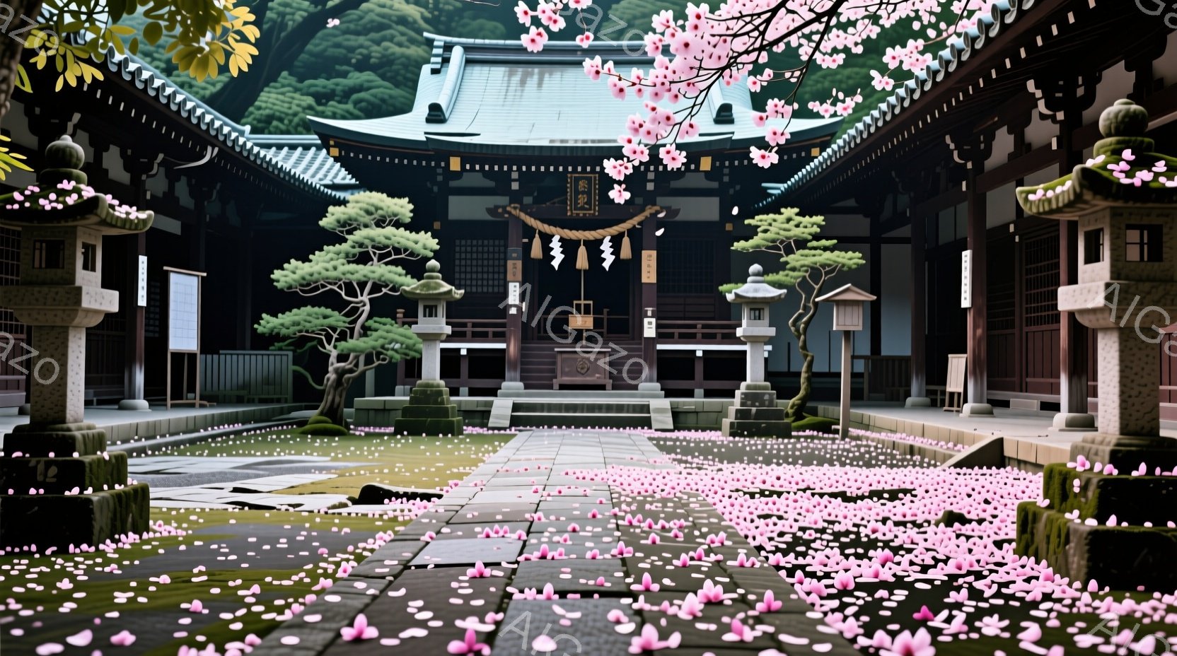 古都の寺院の庭が描かれており、石畳の道は桜の花びらで覆われています。 重厚な屋根を持つ寺院の建物が背景にそびえ立ち、緑豊かな木々が静寂な雰囲気を醸し出しています。 桜の花びらが舞い散る様子が、春の穏やかさと寺院の荘厳さを強調しています。