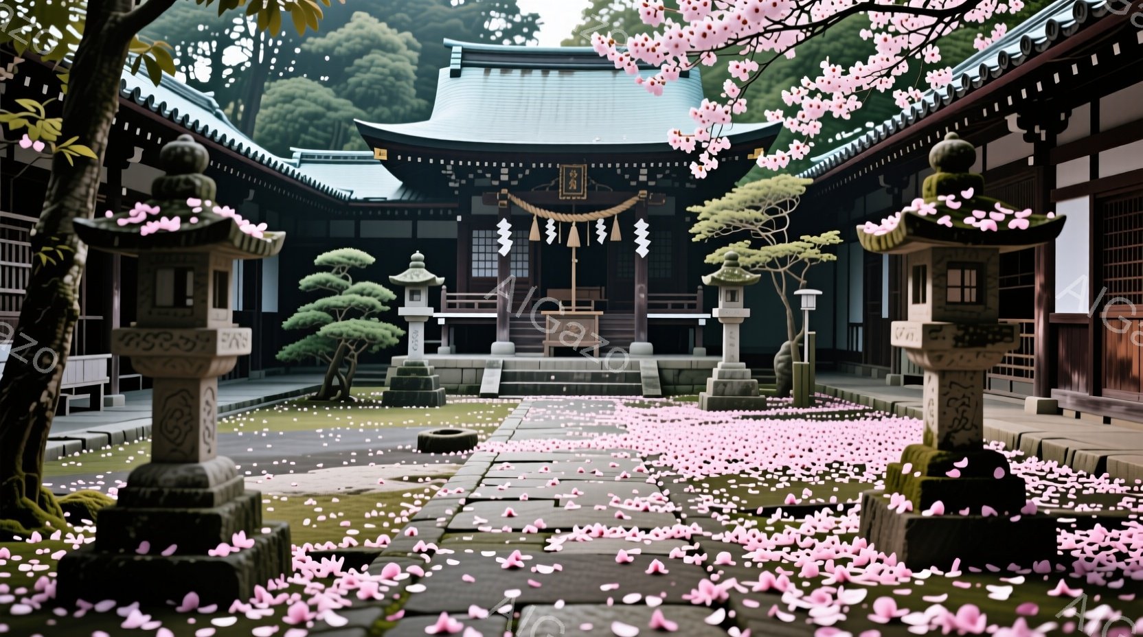 寺院の石畳の道が桜の花びらで埋め尽くされ、幻想的な雰囲気を醸し出している。 厳かな佇まいの寺院建築は、屋根の曲線や精緻な彫刻が見られ、その両脇には石灯籠が配置されている。背景には緑豊かな木々が聳え立ち - AI生成フリー素材