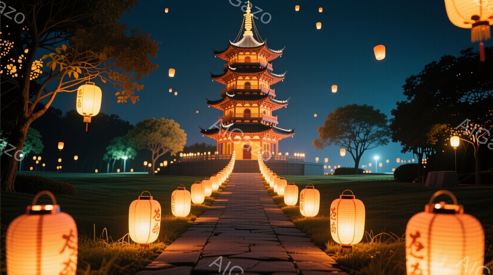 夜空の下、壮麗な塔がそびえ立ち、両側に灯籠が並ぶ石畳の道が塔へと続いています。緑豊かな芝生と木々が周囲を彩り、幻想的な雰囲気を醸し出しています。塔の構造は複雑で精巧であり、夜空にはぼんやりとした光が浮 - AI生成フリー素材