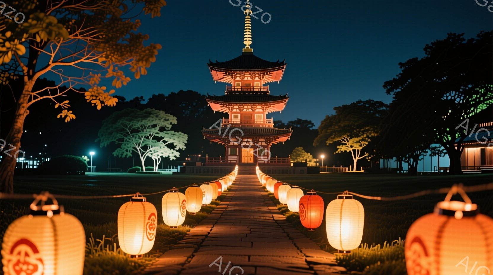夜間にライトアップされた寺院が中央に聳え立っており、石畳の道に沿って無数の提灯が並んでいます。寺院は複数の層で構成され、鮮やかなオレンジ色と茶色のコントラストが印象的で、周囲の緑豊かな木々との調和が美 - AI生成フリー素材