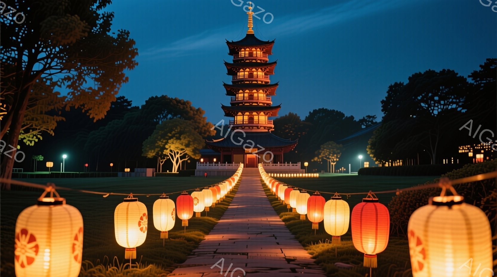 夜空を背景に、赤い提灯が並ぶ石畳の道を、壮大な塔がそびえ立っています。塔は複数の階層を持ち、細部にまで精巧な装飾が施されています。緑豊かな木々や芝生が周囲を彩り、静寂で神秘的な雰囲気を醸し出しています - AI生成フリー素材