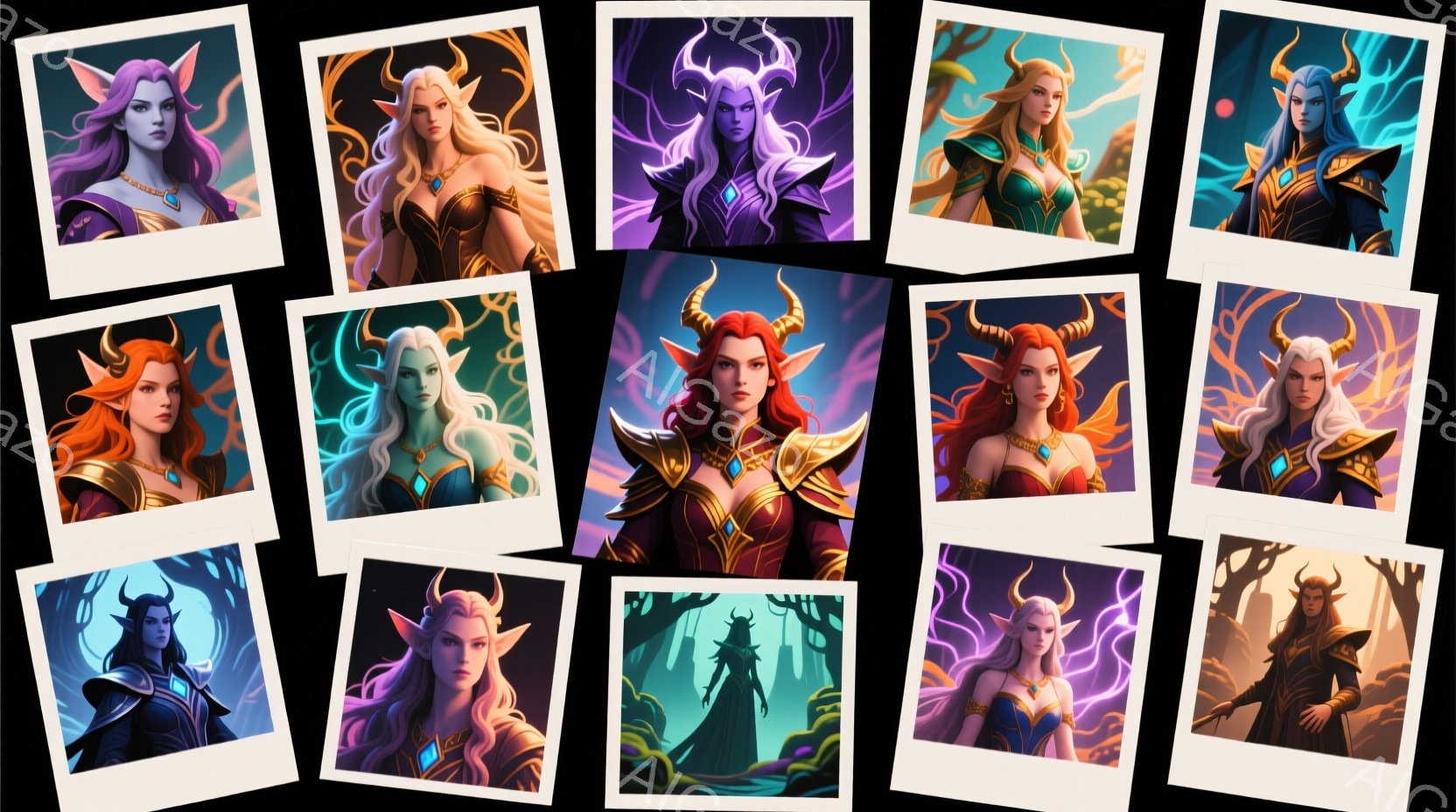 複数のポートレートが並んでおり、それぞれがファンタジー風の女性キャラクターを描いています。彼女たちは皆、長く流れる髪、尖った耳、そして大胆な衣装を身につけており、多くが宝石や金色の装飾で飾られています。背景は様々で、自然の風景、魔法のようなエネルギー、あるいは暗い森などが描かれ、全体的に神秘的で力強い雰囲気を醸し出しています。