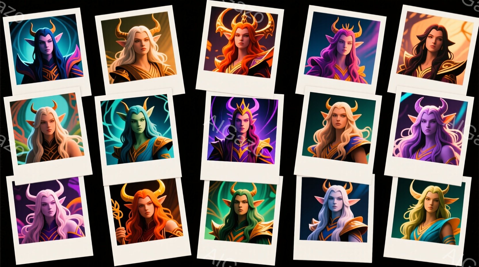 複数のポートレートが並んでいます。各ポートレートは、角を持つ女性の顔をクローズアップしており、それぞれ異なる色の髪と衣装を身に着けています。背景は、鮮やかな色彩の光のパターンで、まるでファンタジー世界 - AI生成フリー素材