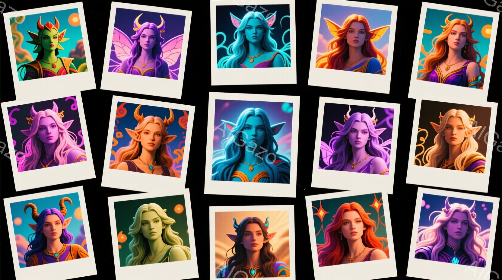 背景の色は、明るい青、緑、紫、オレンジなど様々で、各ポートレートに個性を与えています。光の加減も巧みで、女性たちの顔立ちを強調し、立体感を出すとともに、神秘的な雰囲気を盛り上げています。全体として、ファンタジー世界に生きる美しく強靭な女性たちを表現した画像です。