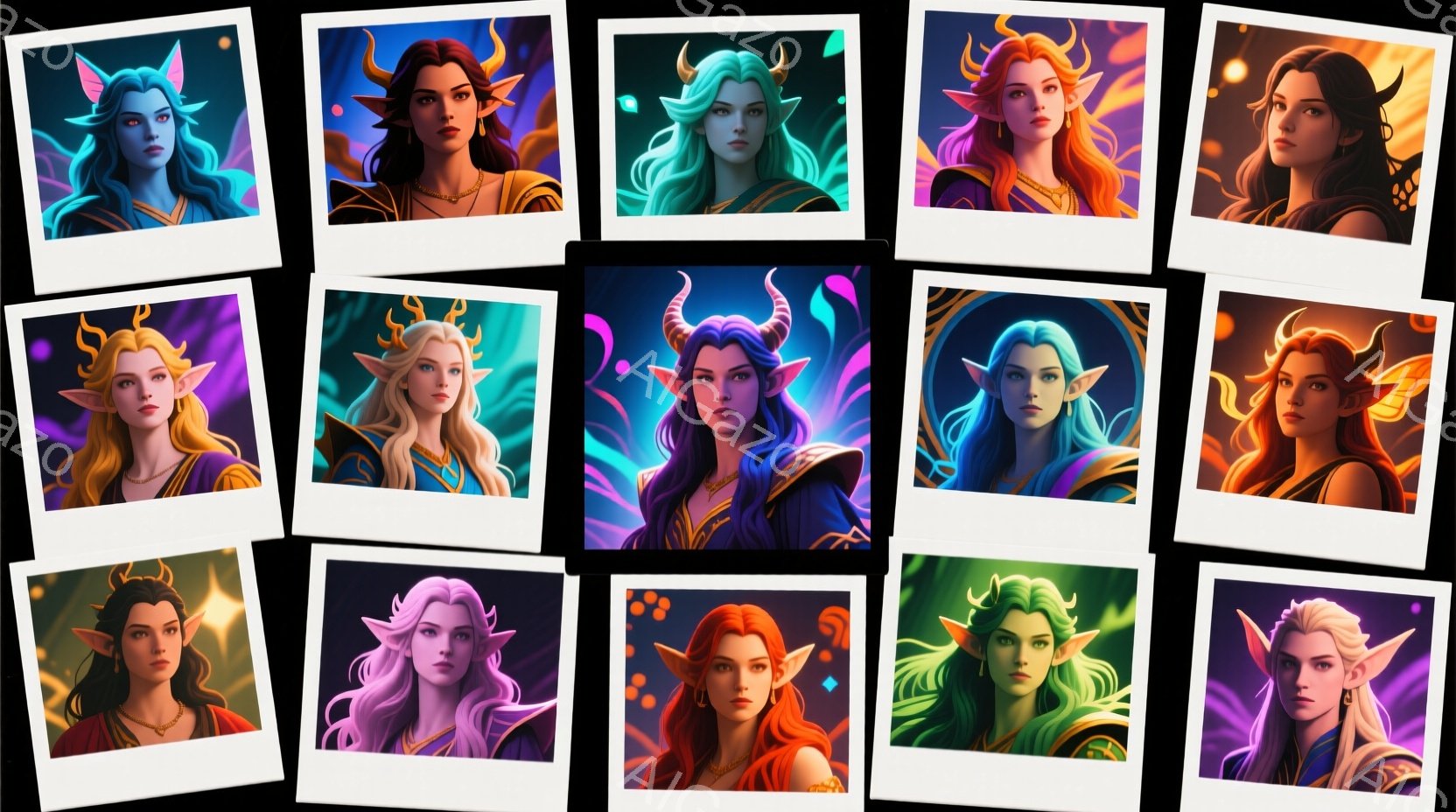 様々な髪色と角を持つ女性のポートレートが、ポラロイド写真のように配置されたものです。彼女たちは皆、金色の装飾が施されたファンタジー風の衣装を身に着け、それぞれ異なる表情を浮かべています。背景は暗く、光 - AI生成フリー素材