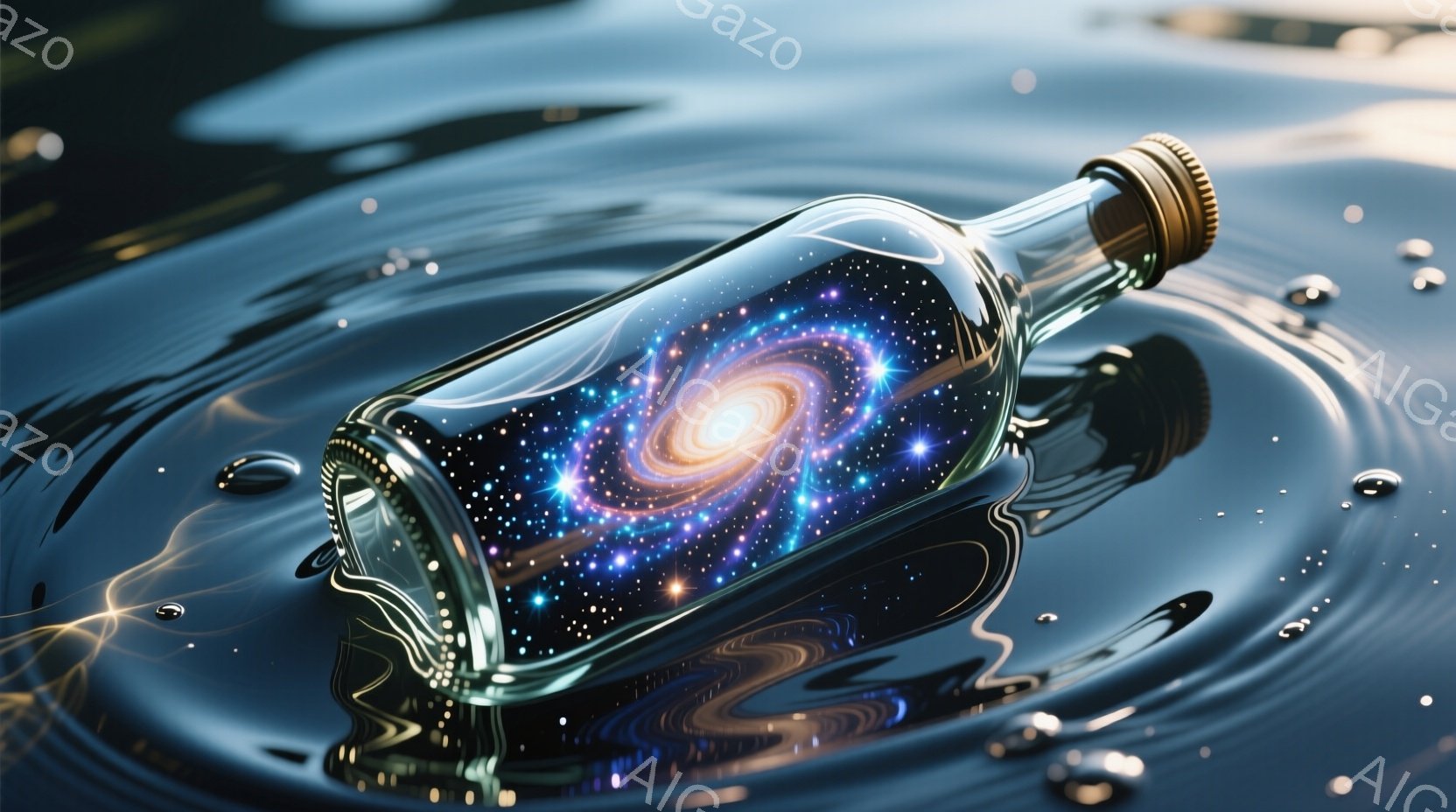 鮮やかな銀色のボトルが水面に浮かび、ボトルの内部には壮大な銀河が閉じ込められています。水面にはボトルからの光が反射し、波紋が広がっており、幻想的で神秘的な雰囲気を醸し出しています。ボトルと水面のコントラストが、まるで宇宙と地球が繋がっているかのような印象を与えます。