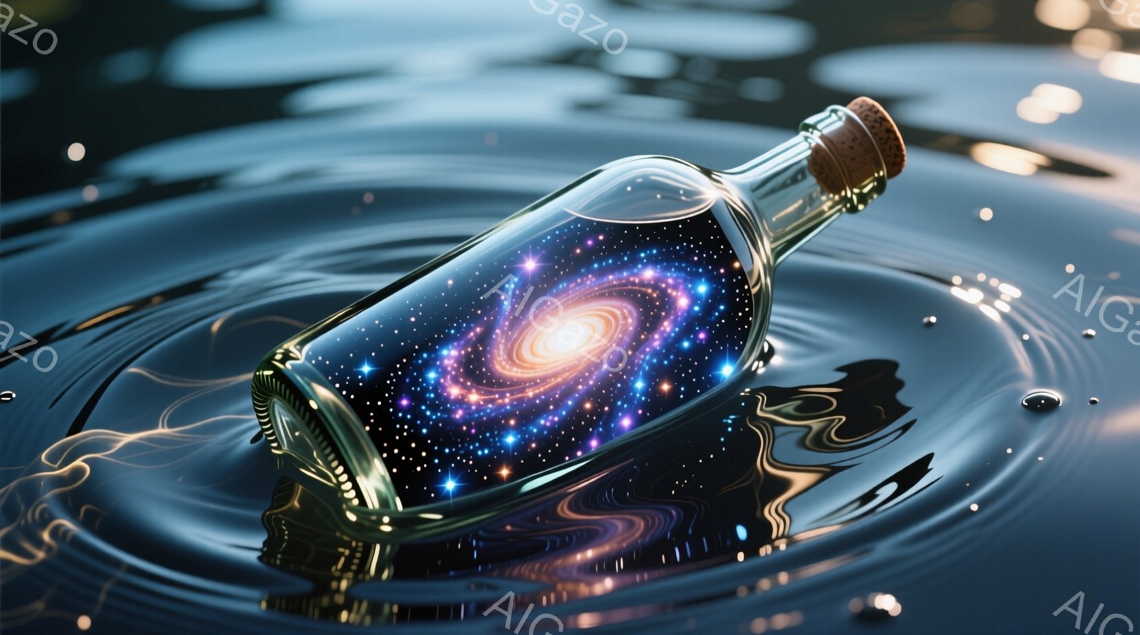 深い青色の水面に、星雲を閉じ込めたガラス瓶が浮かんでいる。瓶の中の星雲は、渦巻く青、紫、白の光で満たされ、幻想的な光を放っている。水面には瓶の周囲に同心円状の波紋が広がり、神秘的で静謐な雰囲気を醸し出している。