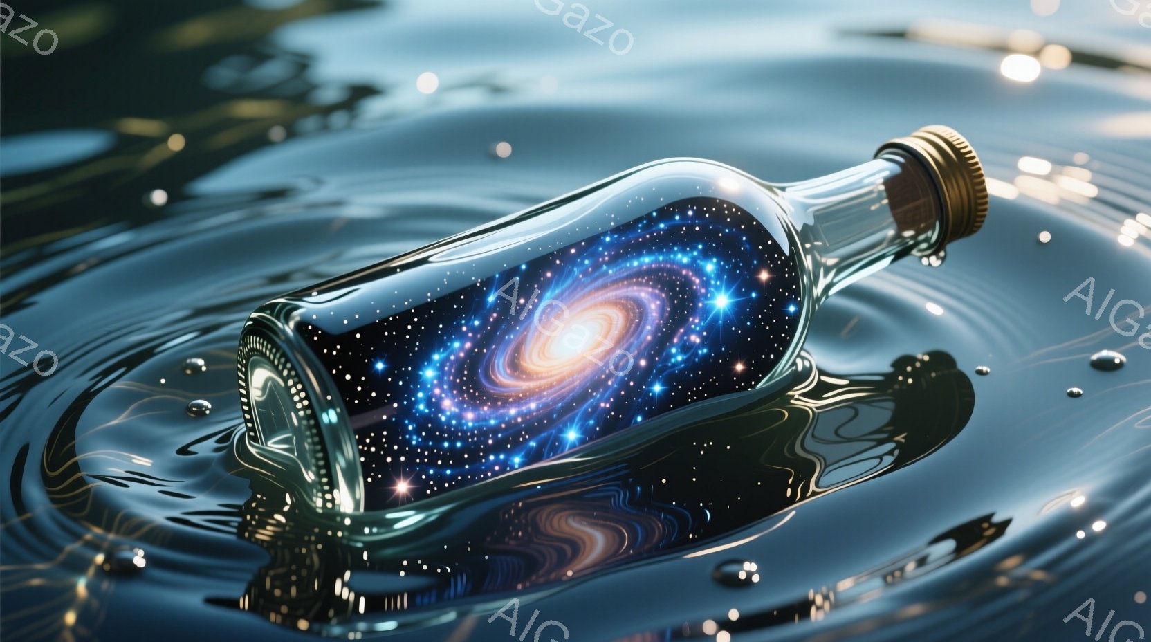 渦巻く銀河が瓶の中に閉じ込められた様子が描かれています。瓶は水面に浮かび、水紋が周囲に広がっています。暗い水面と星雲の鮮やかなコントラストが、神秘的で幻想的な雰囲気を醸し出しています。