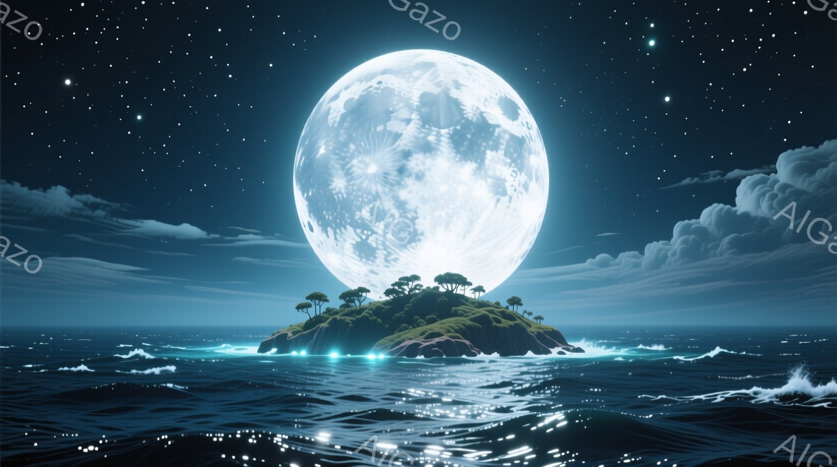 深い青色の海に小さな島が浮かび、その上に緑豊かな木々が生い茂っている。巨大で明るい満月が空高くに位置し、海面を照らし、水面にきらめく光の道を創り出している。全体的に静かで神秘的な雰囲気が漂い、夜の自然 - AI生成フリー素材