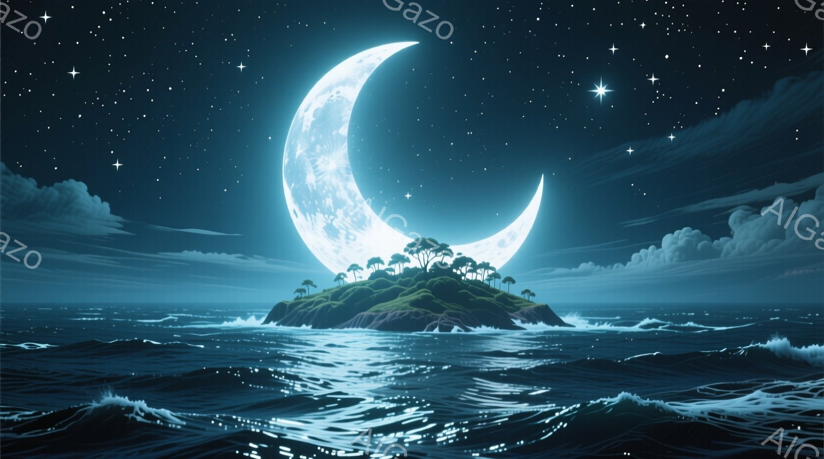 紺碧の海に浮かぶ小さな島が描かれており、島には緑豊かな木々が生い茂っています。満月が大きく輝き、海面に光の道を反射させており、夜空には星が散りばめられています。全体的に神秘的で静寂に包まれた、幻想的な - AI生成フリー素材