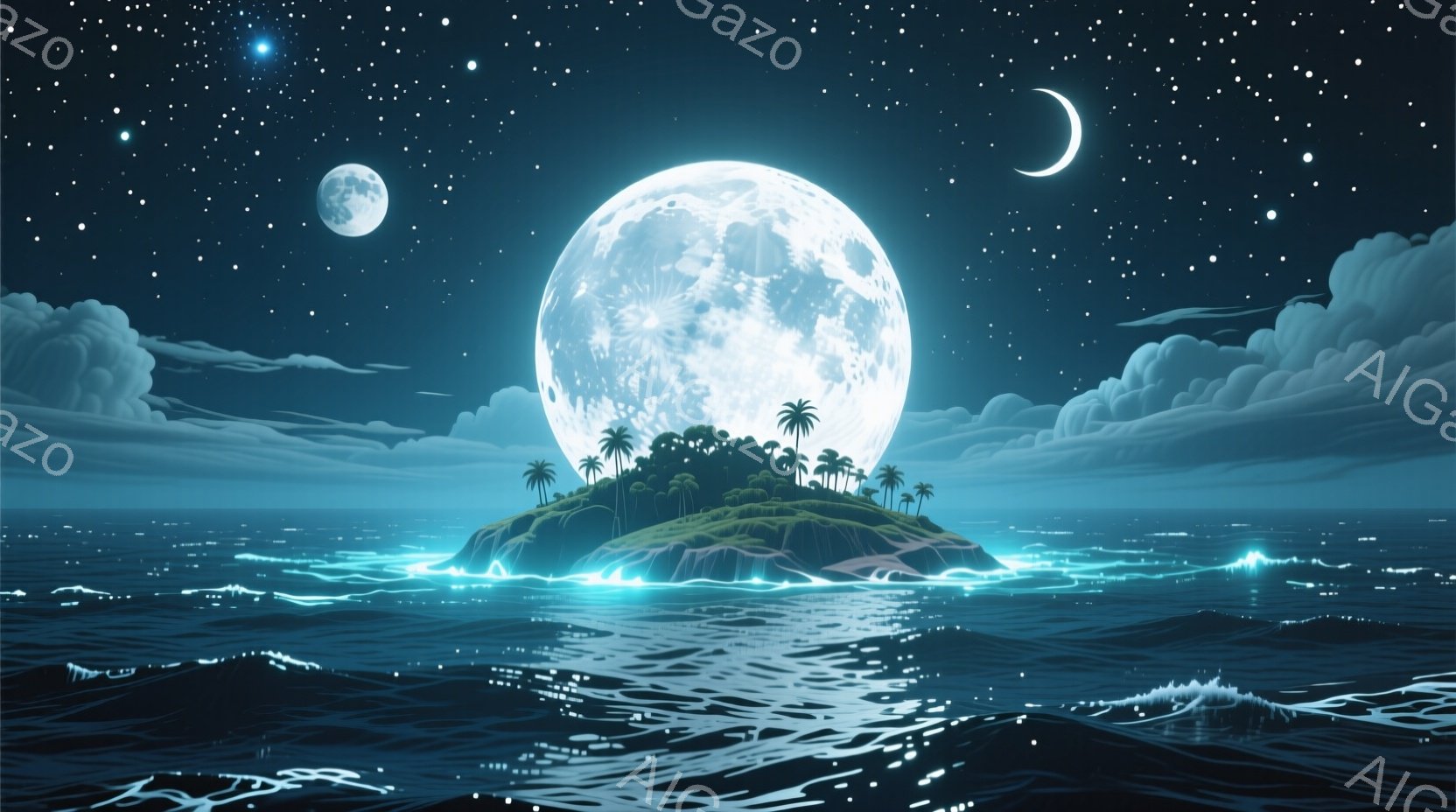 夜の海に小さな島が浮かび、その上に緑豊かな植物とヤシの木が生い茂っている。巨大な満月が空高く輝き、海面には月の光が反射してきらめいている。暗い青色の海と、月の光で照らされた島のコントラストが、神秘的で - AI生成フリー素材