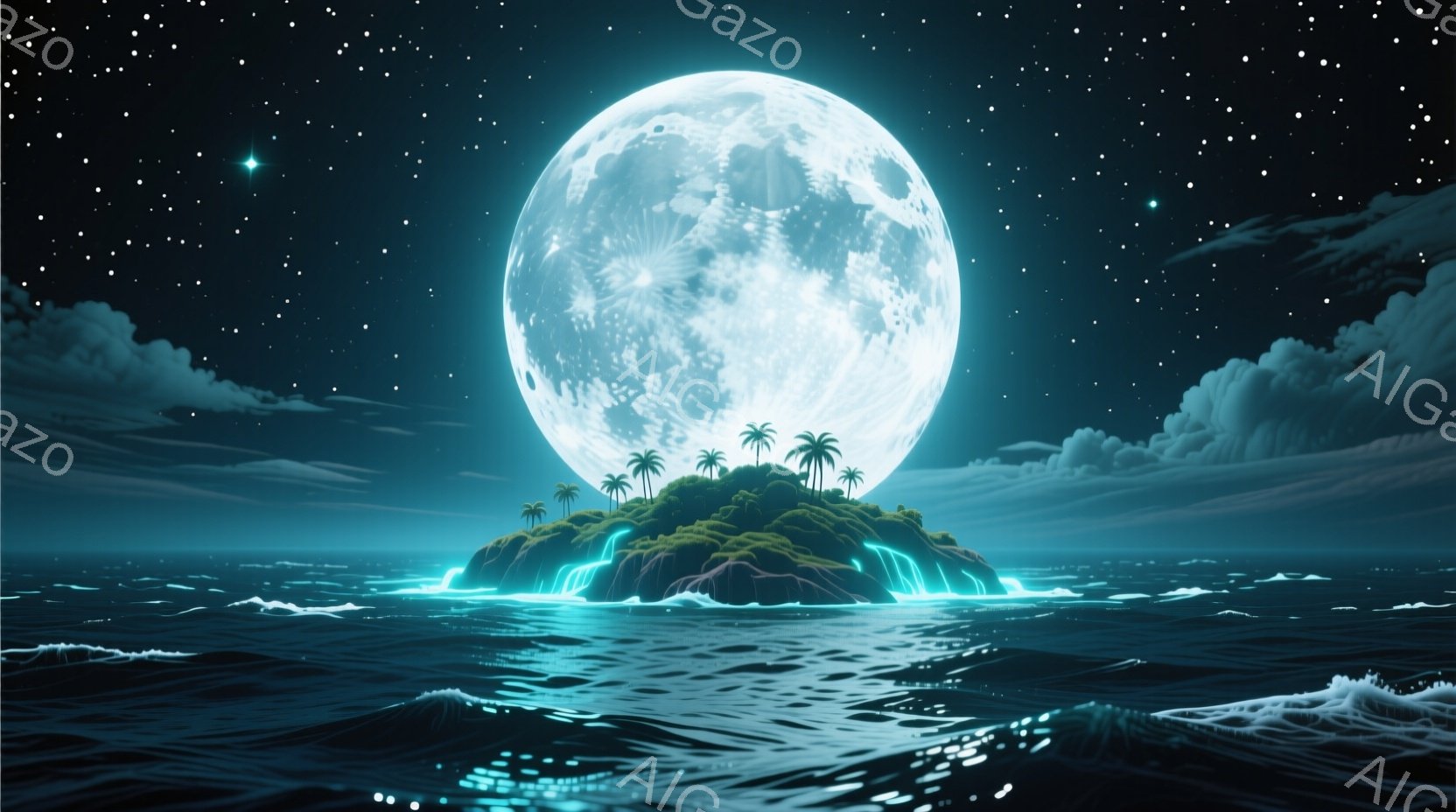 深く濃い青色の海に、緑豊かな小島が浮かび、その背後には巨大な満月が輝いている。小島にはヤシの木が生い茂り、岩肌から滝が流れ落ちる様子が描かれている。満月と海面が青い光で照らされ、神秘的で幻想的な雰囲気 - AI生成フリー素材