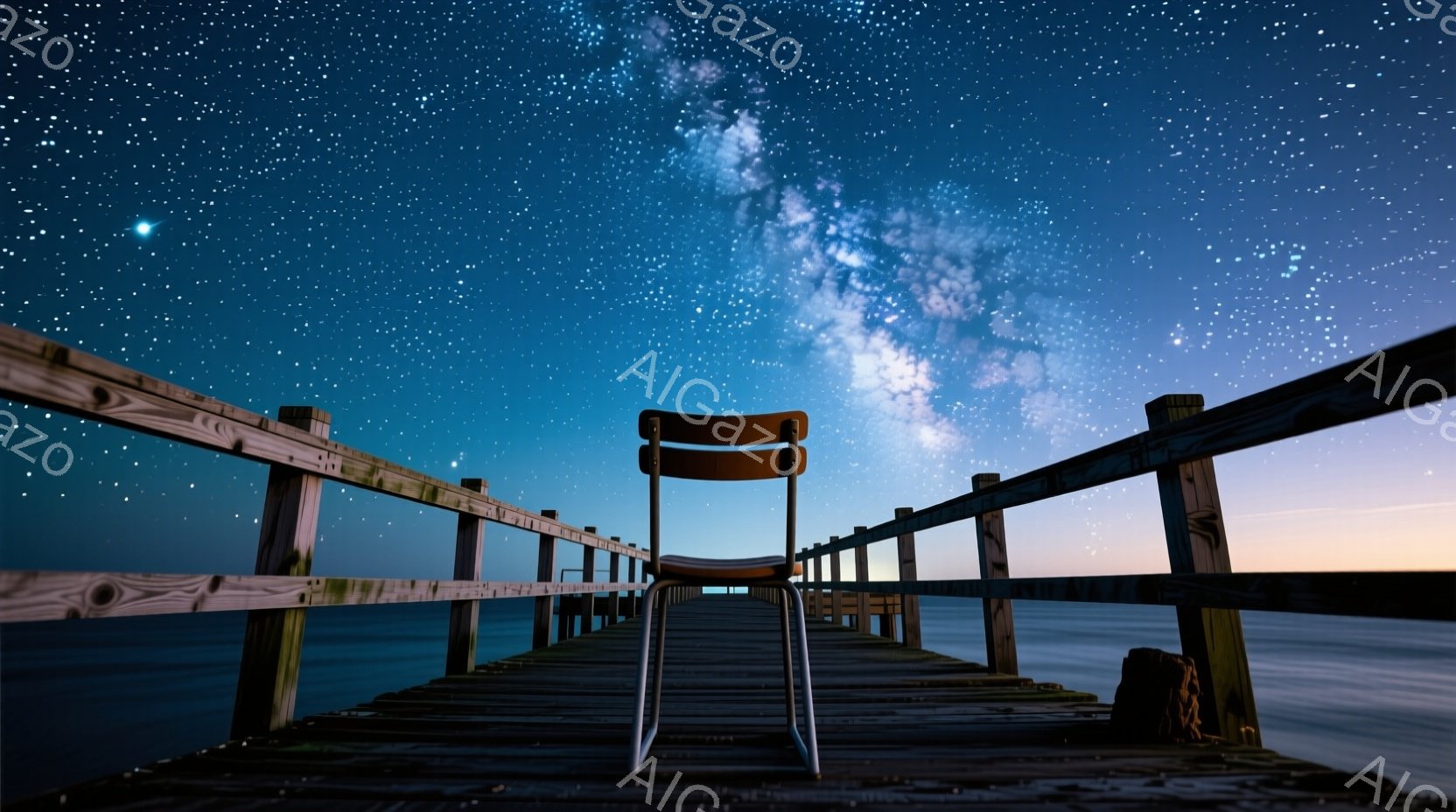 古い木製の桟橋が海面に向かって伸びており、その先に椅子が一つ置かれている。夜空には天の川が輝き、無数の星々が広がる壮大な光景が広がり、静寂と神秘的な雰囲気が漂う。波の音と星空の輝きが合わさり、心を落ち - AI生成フリー素材
