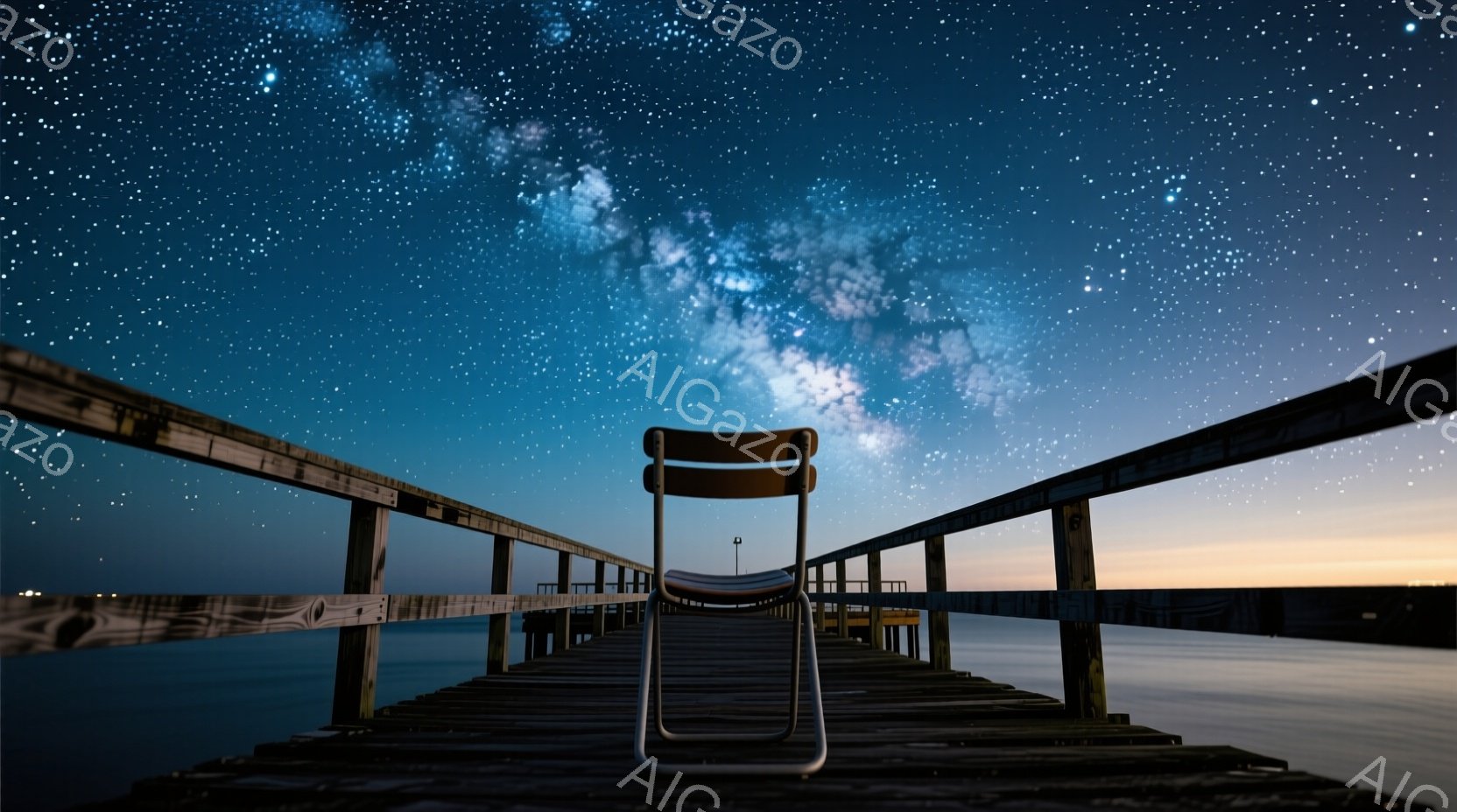 古びた木製の桟橋が、穏やかな海面へと伸びています。桟橋の中央には、背もたれ付きのシンプルな椅子が一つ置かれており、夜空に輝く天の川を背景に、静寂と孤独感を漂わせています。薄暗い地平線と星空のコントラス - AI生成フリー素材