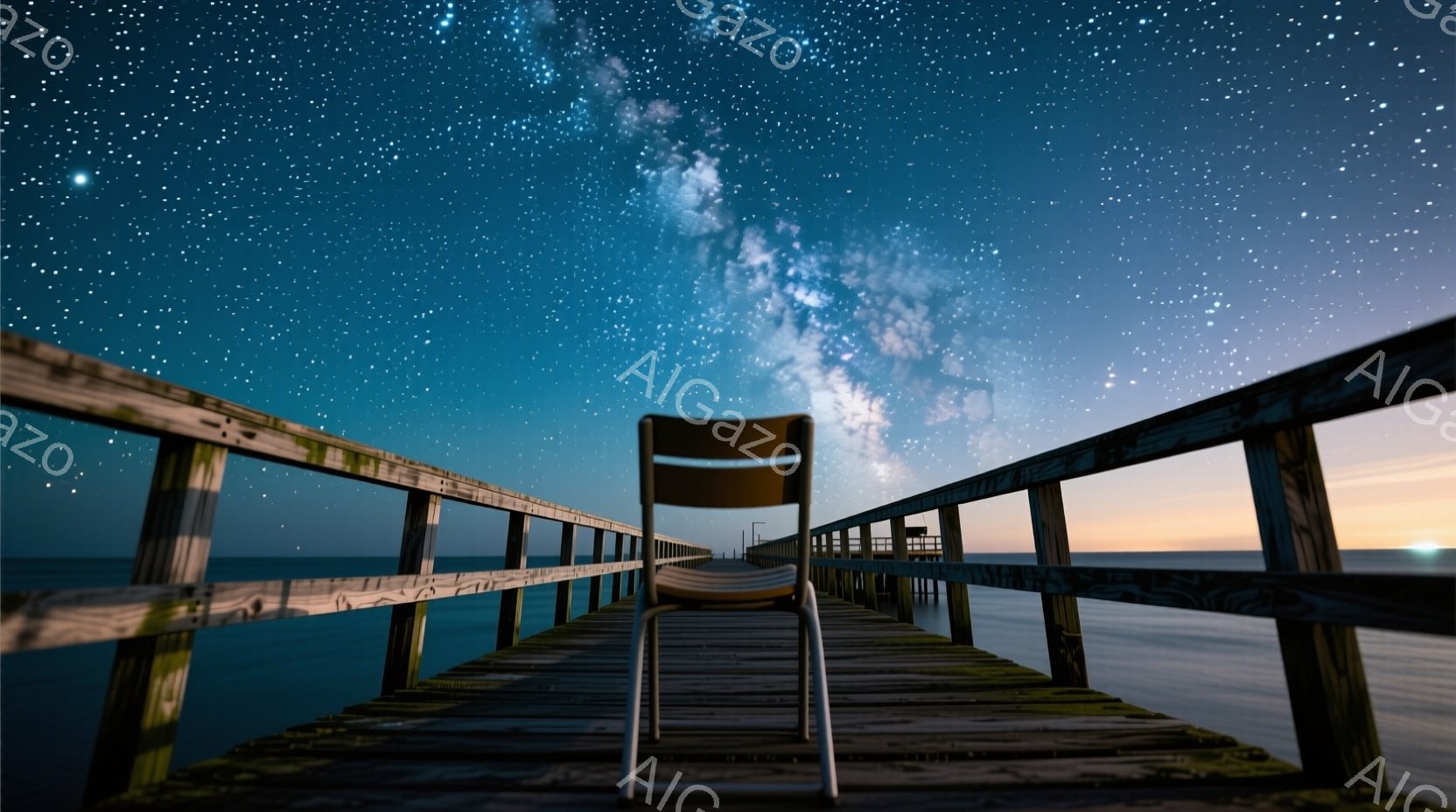 桟橋の中央に置かれた単一の木製の椅子が印象的な光景です。星空が広がり、天の川が鮮やかに輝き、穏やかな海面がその美しさを引き立てています。静寂と幻想的な雰囲気が漂い、まるで時間の止まったかのような、瞑想 - AI生成フリー素材