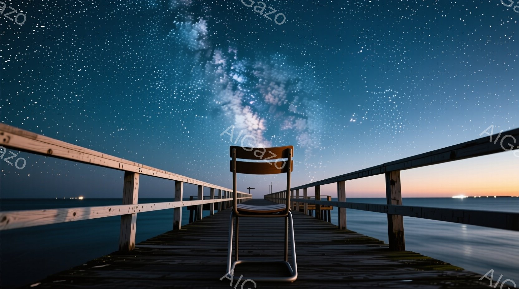桟橋の中央に置かれた簡素な椅子が印象的な写真です。夜空には天の川が輝き、穏やかな海面とコントラストをなしています。全体的に静寂で神秘的な雰囲気を醸し出しており、星空の下で一人静かに過ごす時間を感じさせます。