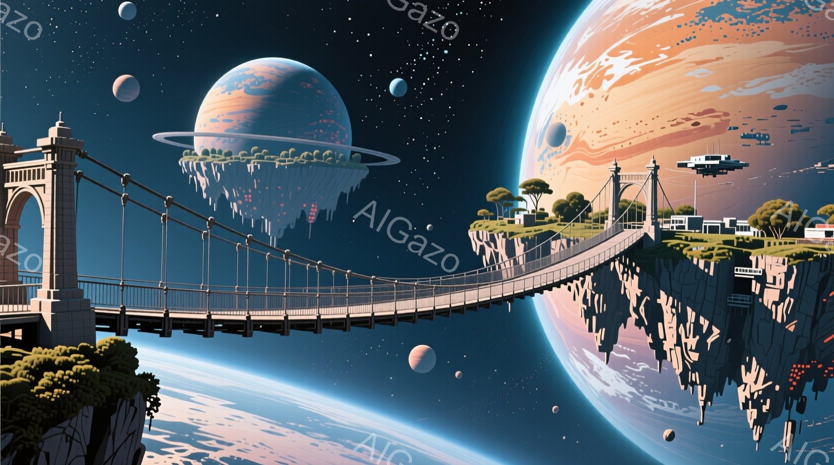 巨大な惑星と複数の衛星が浮かぶ宇宙空間に、未来的な建造物が点在する浮遊島が描かれている。島々は吊り橋で繋がれ、白くモダンな建物と緑豊かな自然が調和している。全体的に、静かで神秘的、そして希望に満ちた未 - AI生成フリー素材