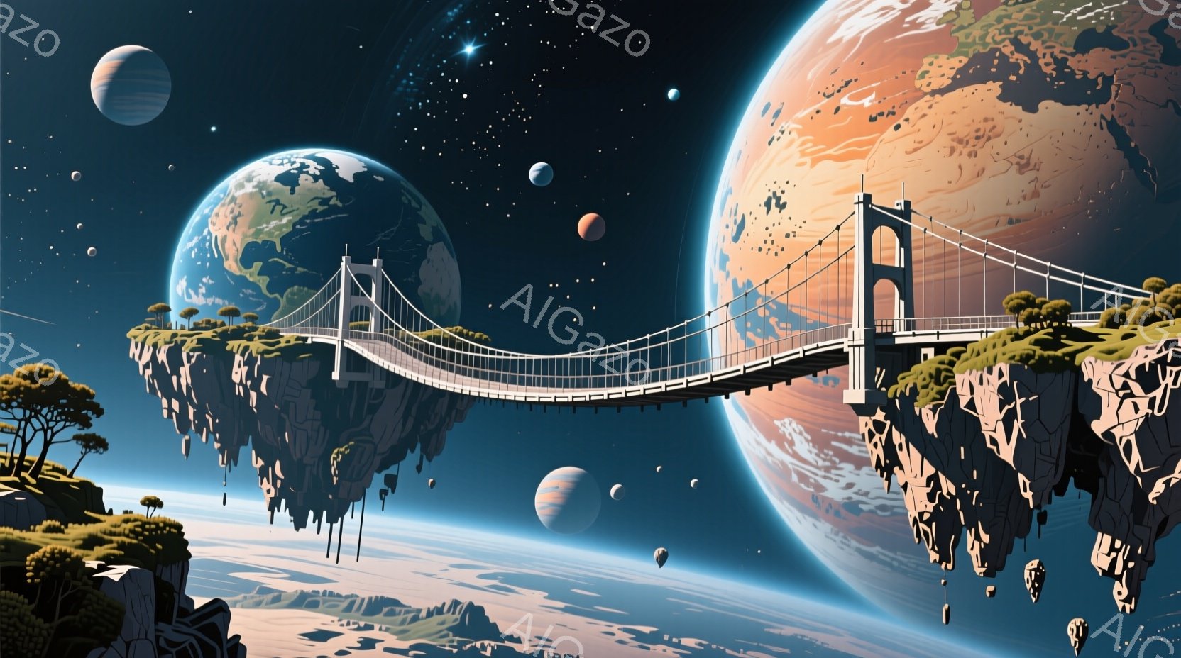 浮遊する岩の島々が繋がる吊り橋が印象的な風景です。背景には地球や赤い惑星が浮かび、遠くには他の惑星も確認できます。幻想的で神秘的な雰囲気を醸し出しており、宇宙空間に存在する別世界の風景のようです。 - AI生成フリー素材
